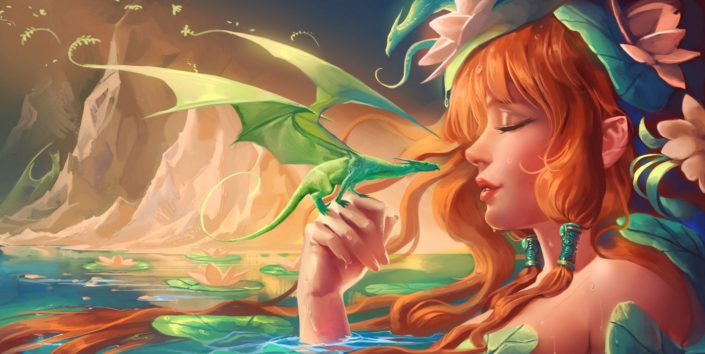 Fantasy dragon fairy women art goddess flowers mood lakes wallpaperx1080