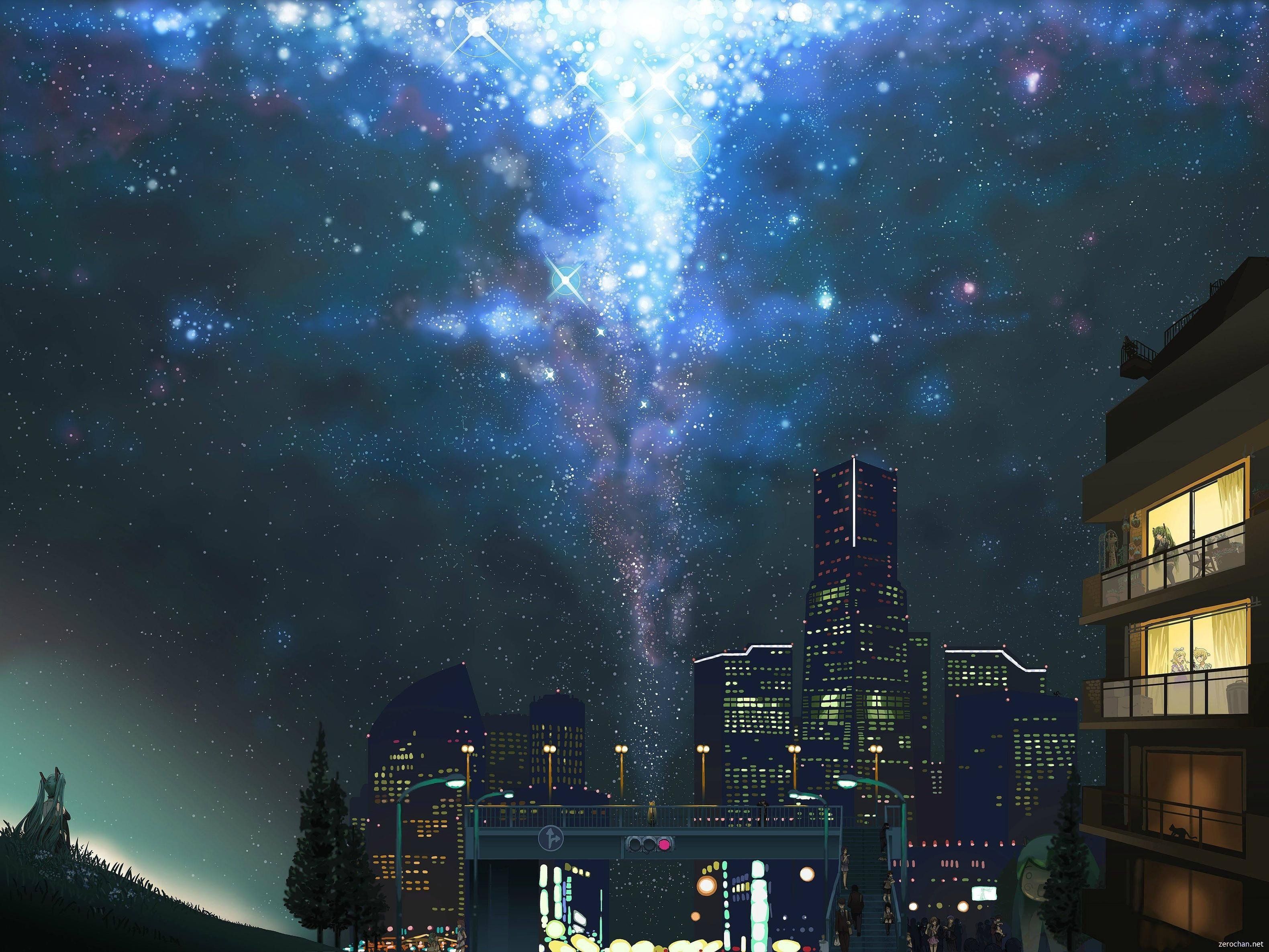 anime, Night, Sky, City, Stars HD .hdwallpaperim.com