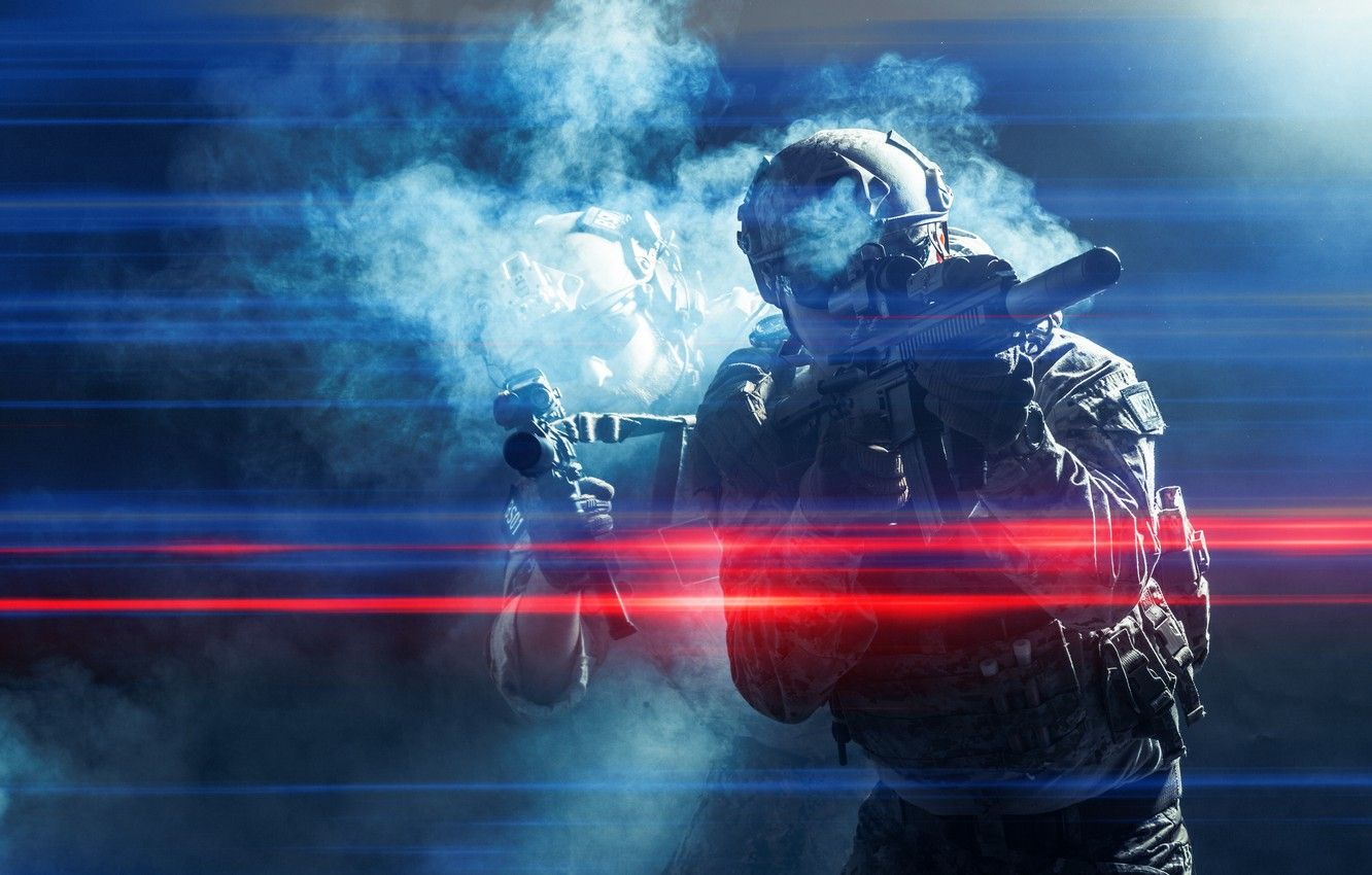 Wallpaper soldiers, smoke, assault rifles, lights effect image