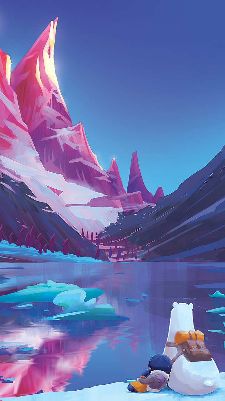 Cartoon Art Polar Bear Snow Mountain Lake Wallpaper