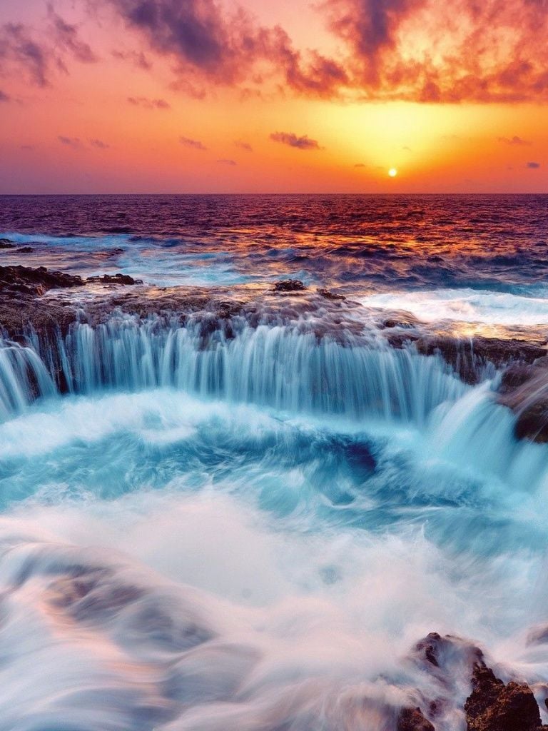 Ocean Rocks Waterfall Sunset iPad mini wallpaper