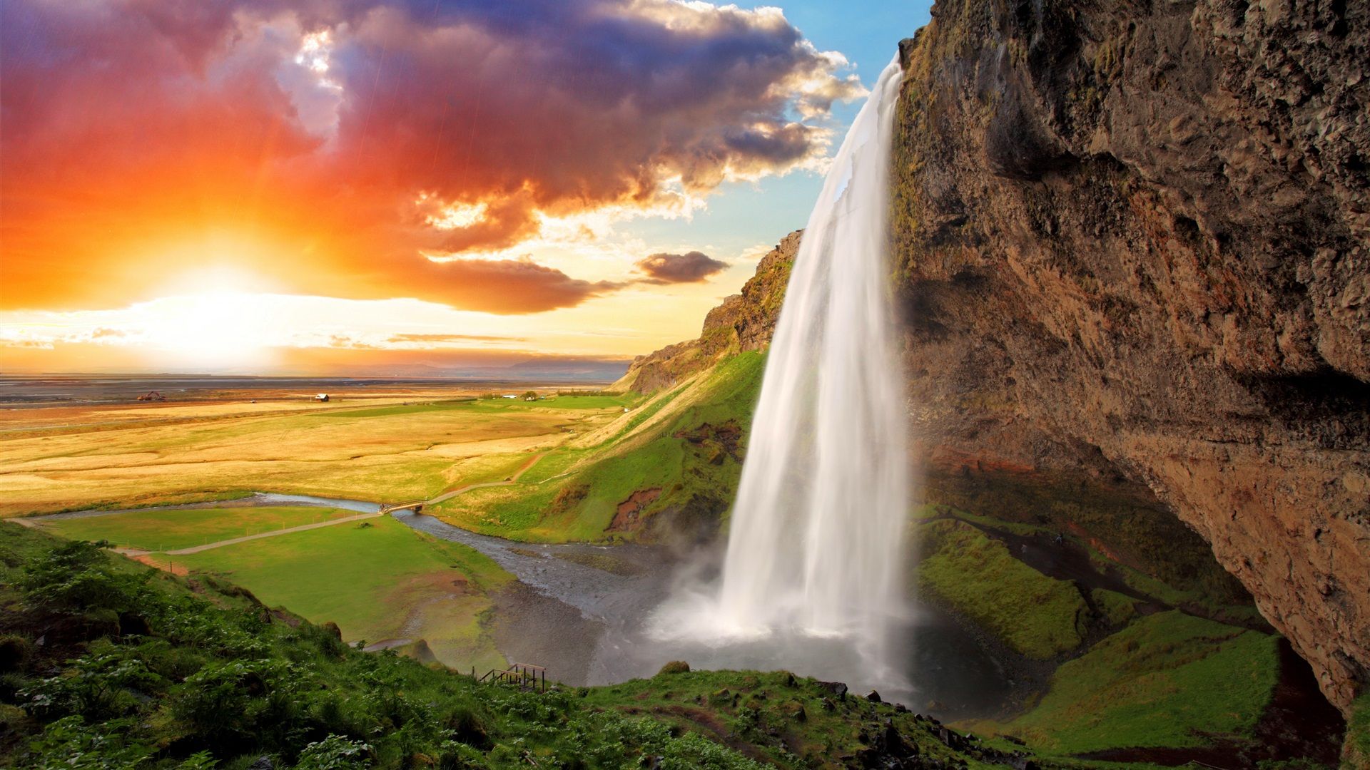 Wallpaper Iceland, Seljalandsfoss, waterfall, river, field, sunset