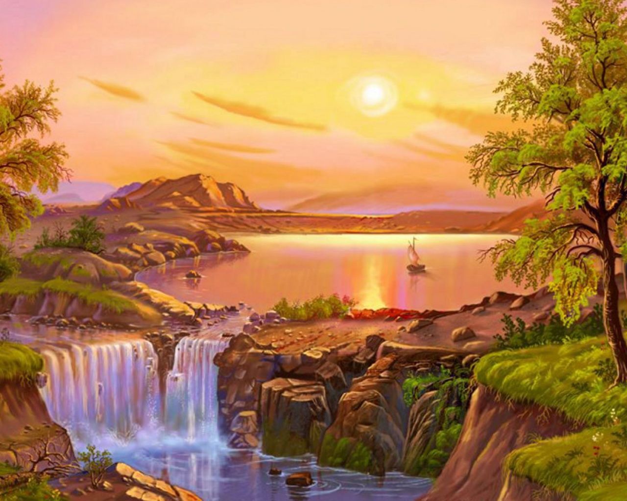Waterfalls Cliffs Trees Sunset desktop PC and Mac wallpaper