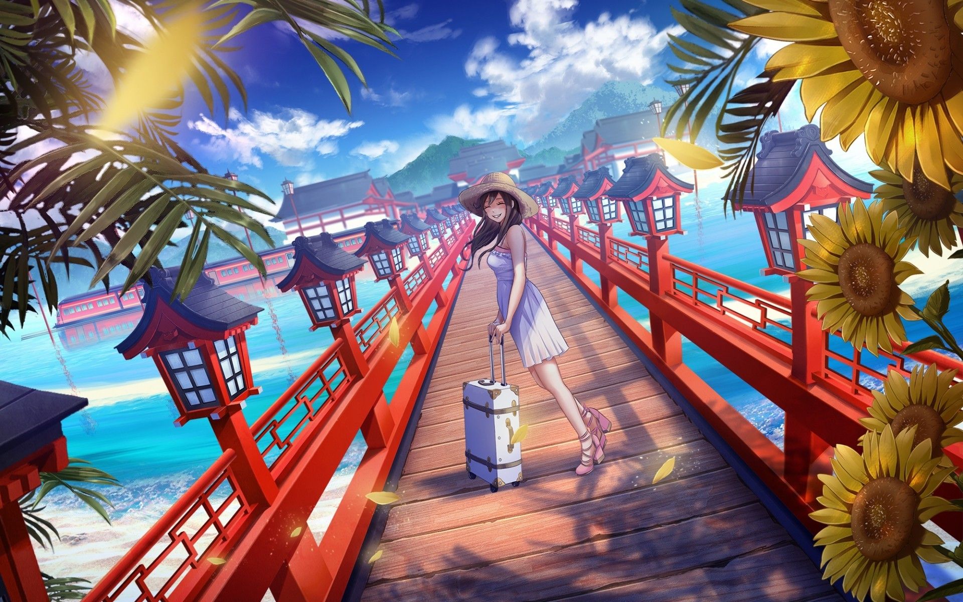 Download 1920x1200 Anime Girl, Summer, Bridge, Japan Traditional