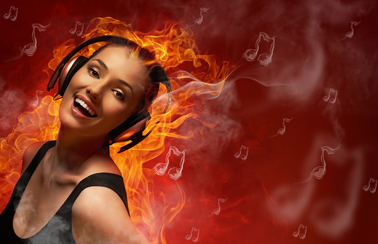 Desktop Wallpaper Headphones Smile Laughter Face Girls Music Fire