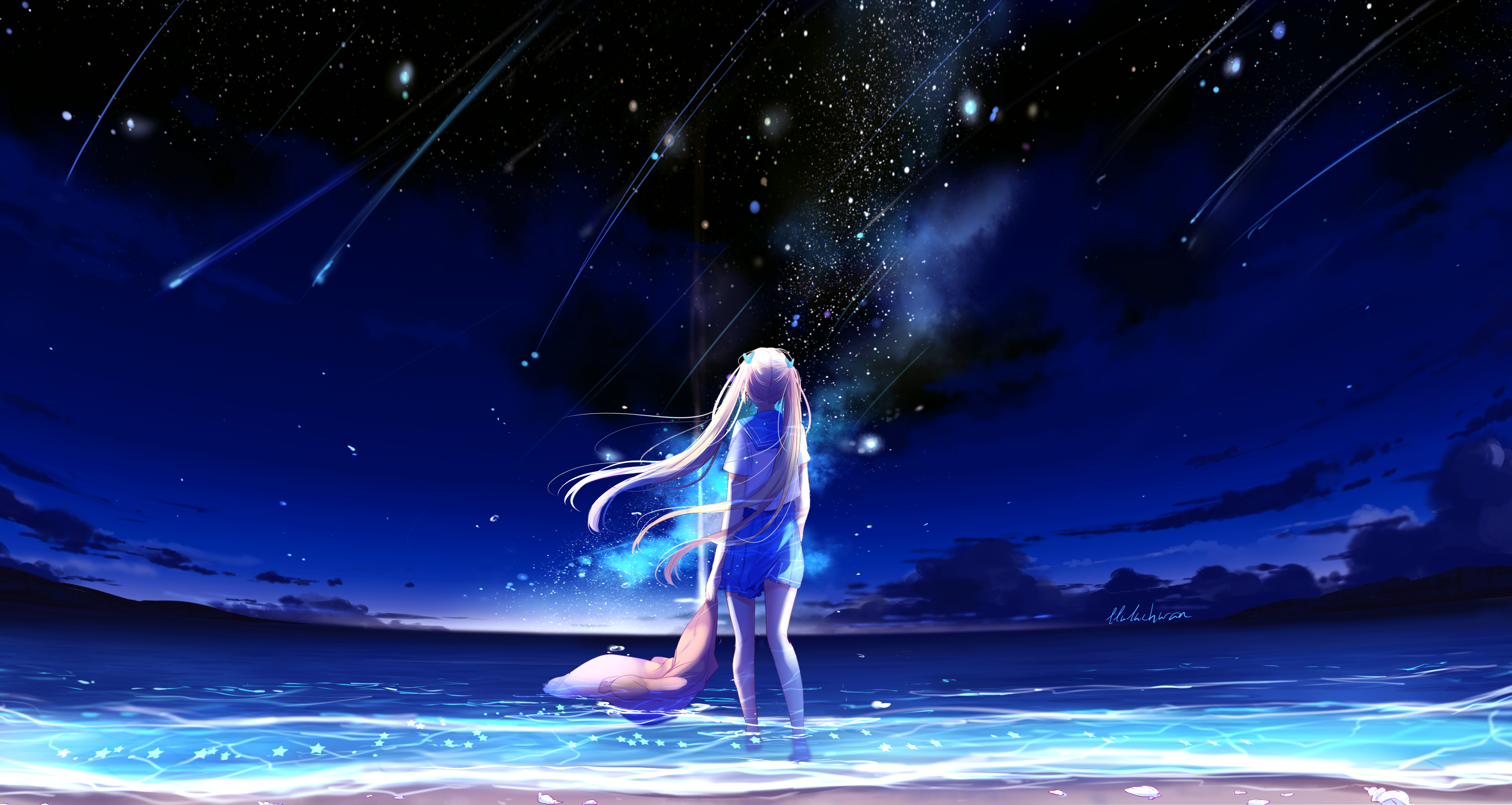Wallpaper Anime girl, Night, Sea, Beach, Blue, 4K, Anime
