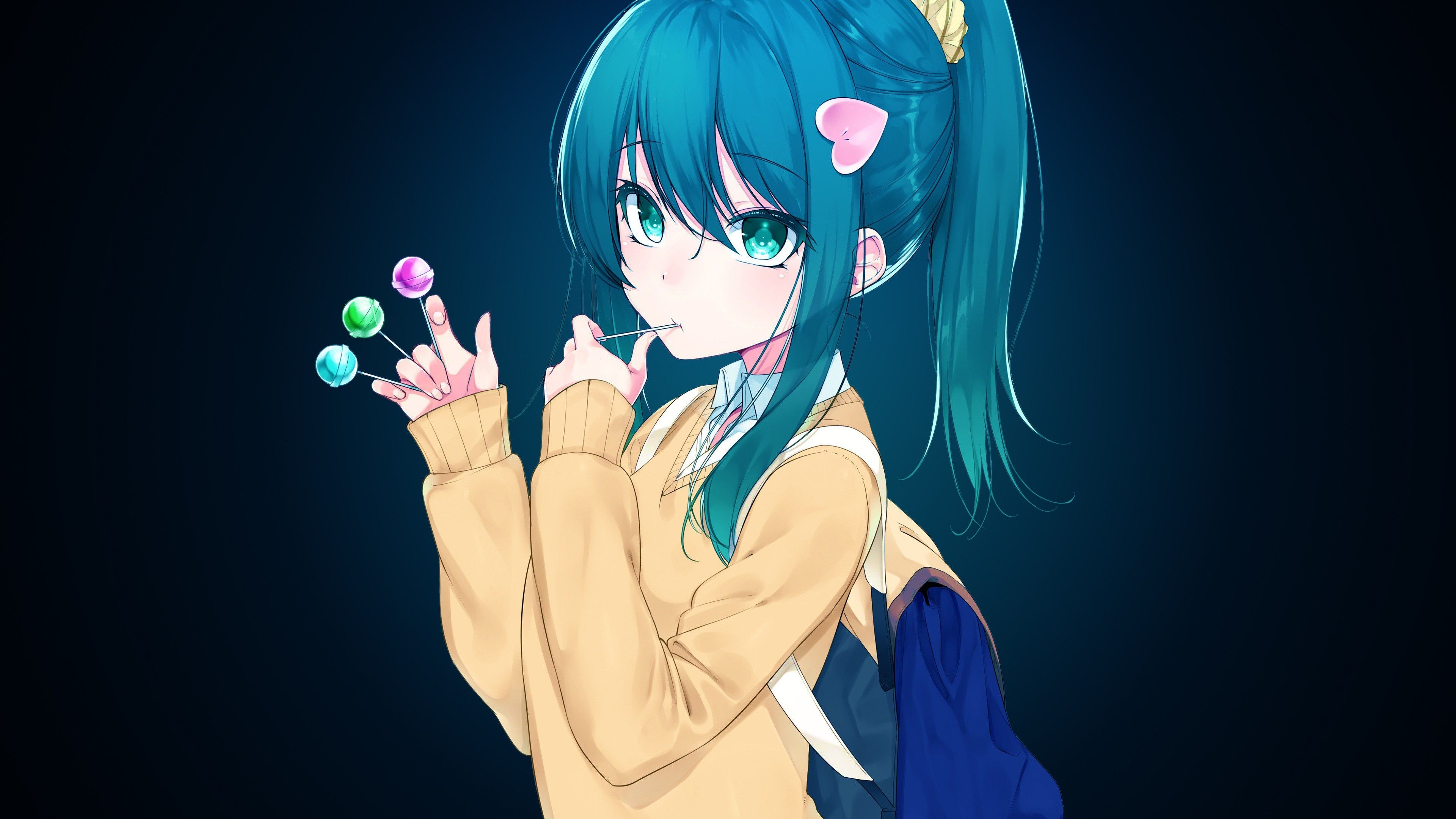 Download 3840x2160 Anime Girl, Candies, Blue Hair, School Uniform