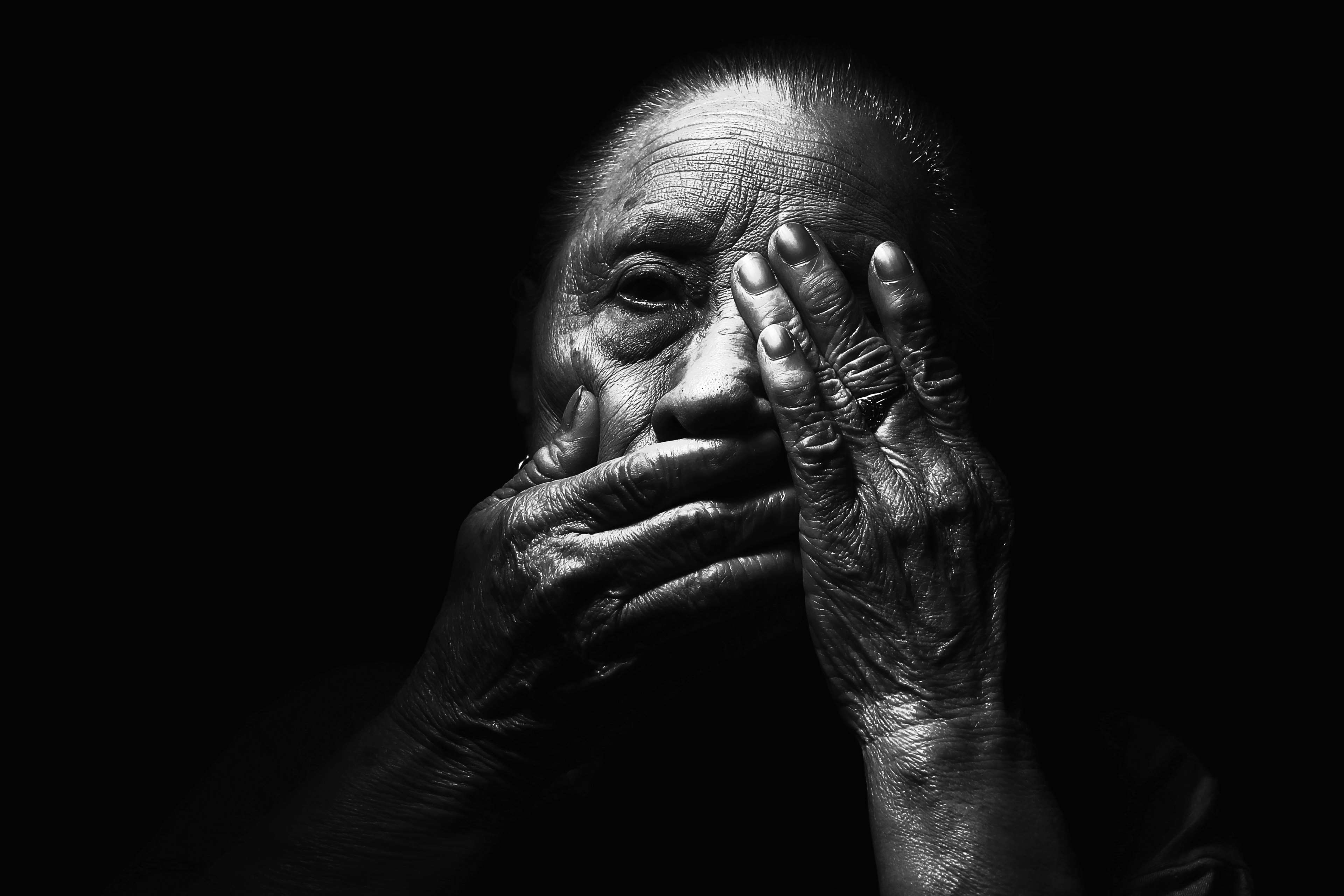 adult, aged, black and white, blur, dark, face, hands