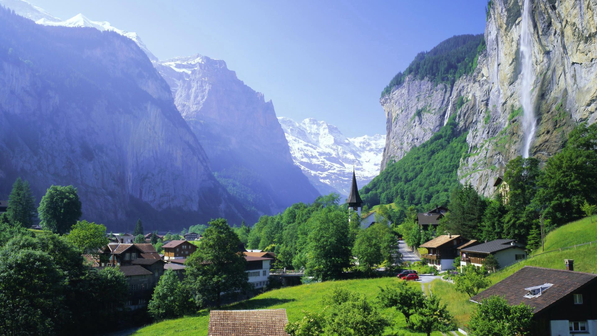 Download wallpaper 1920x1080 settlement, mountains, summer, greens