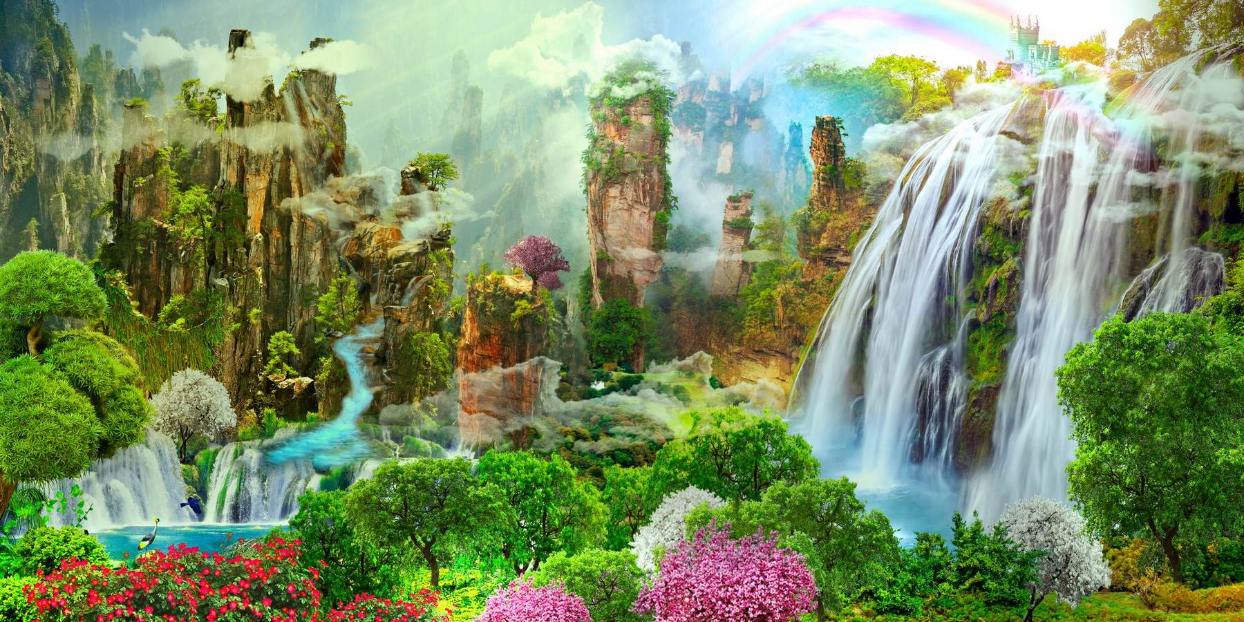 Wallpaper, Beautiful flower park with a waterfall