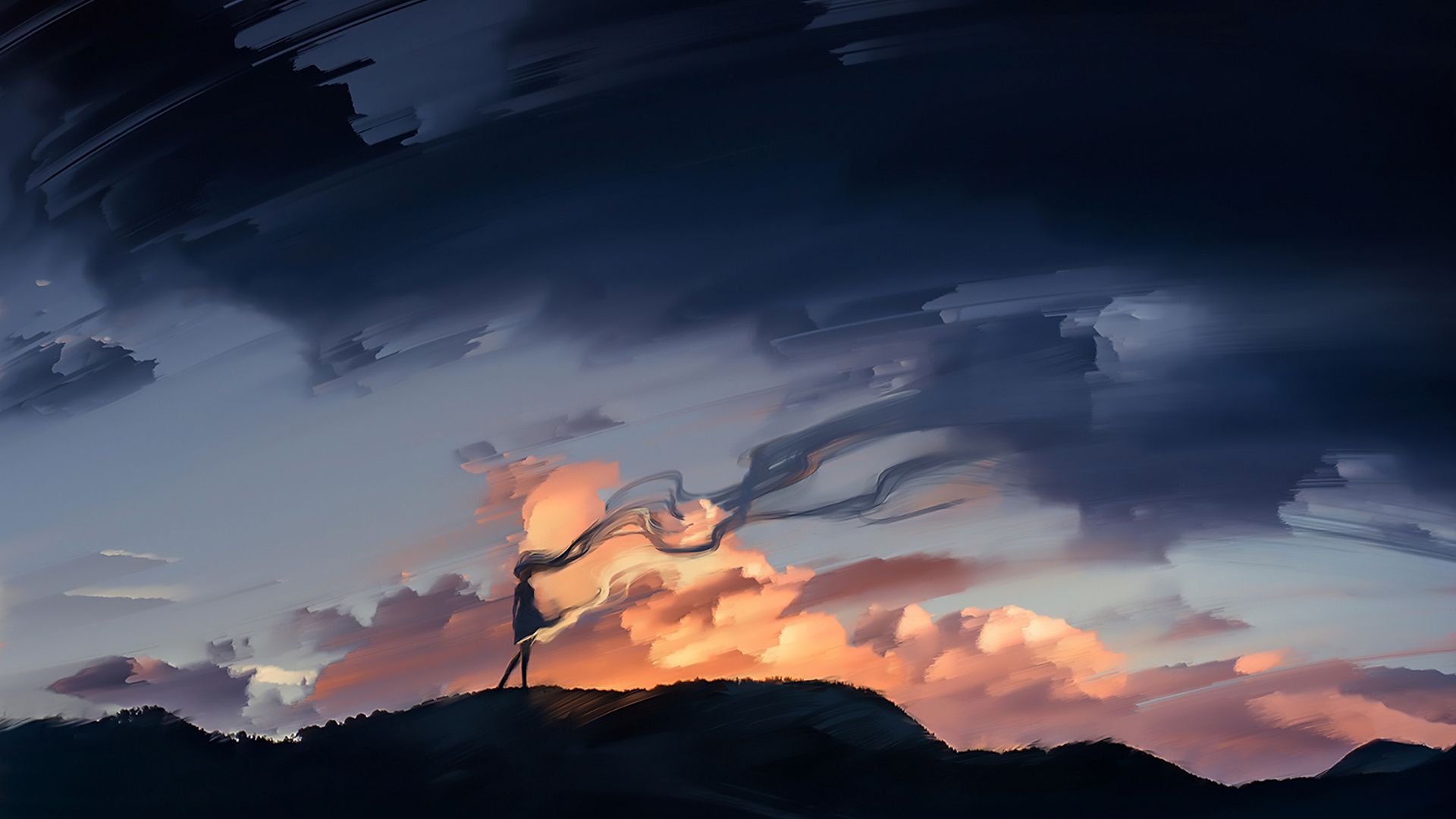 Desktop Wallpaper Dark, Sunset, Sky, Anime Girl, Outdoor, Art, HD