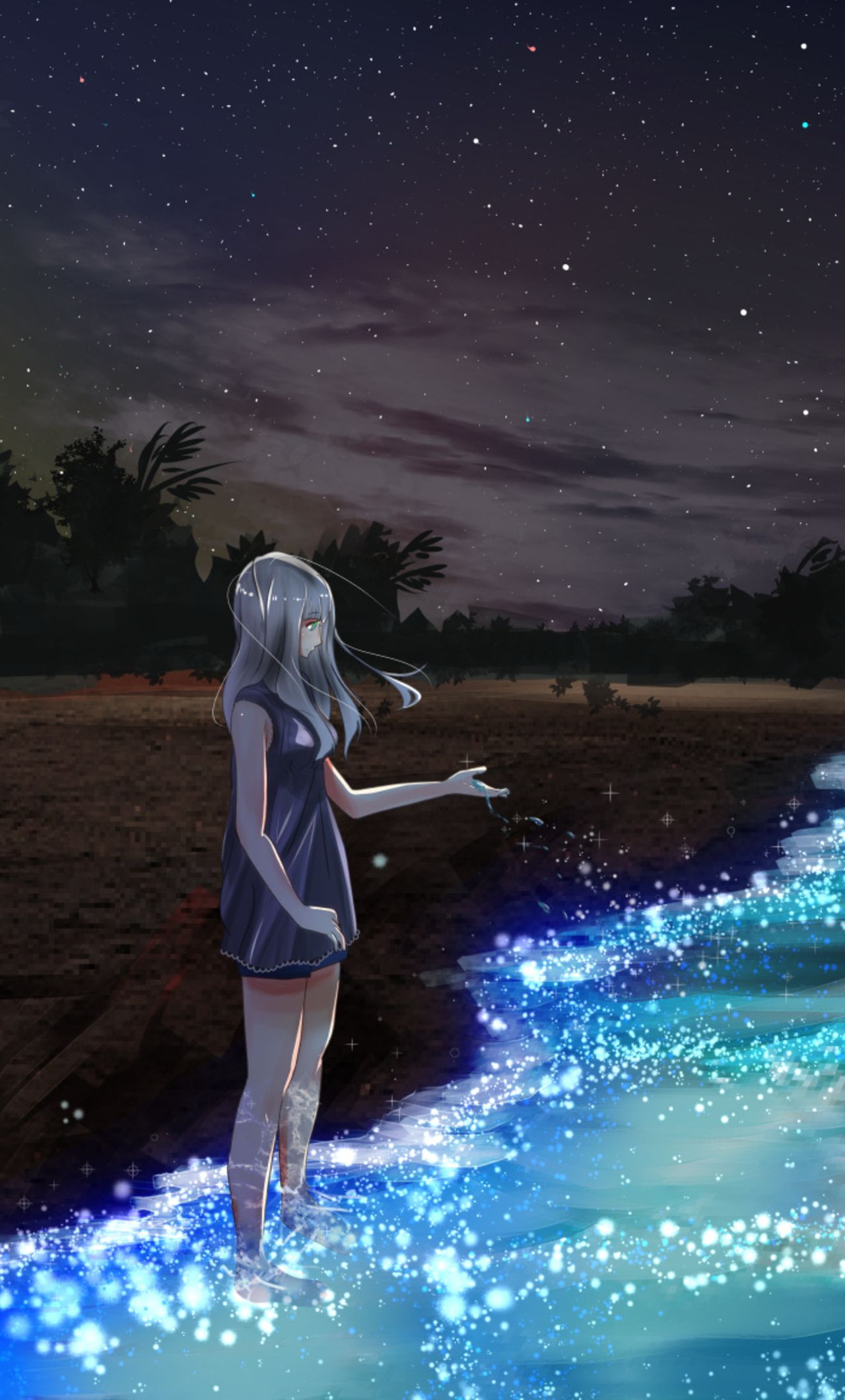 Anime Girl At Seashore Dark Moon iPhone HD 4k
