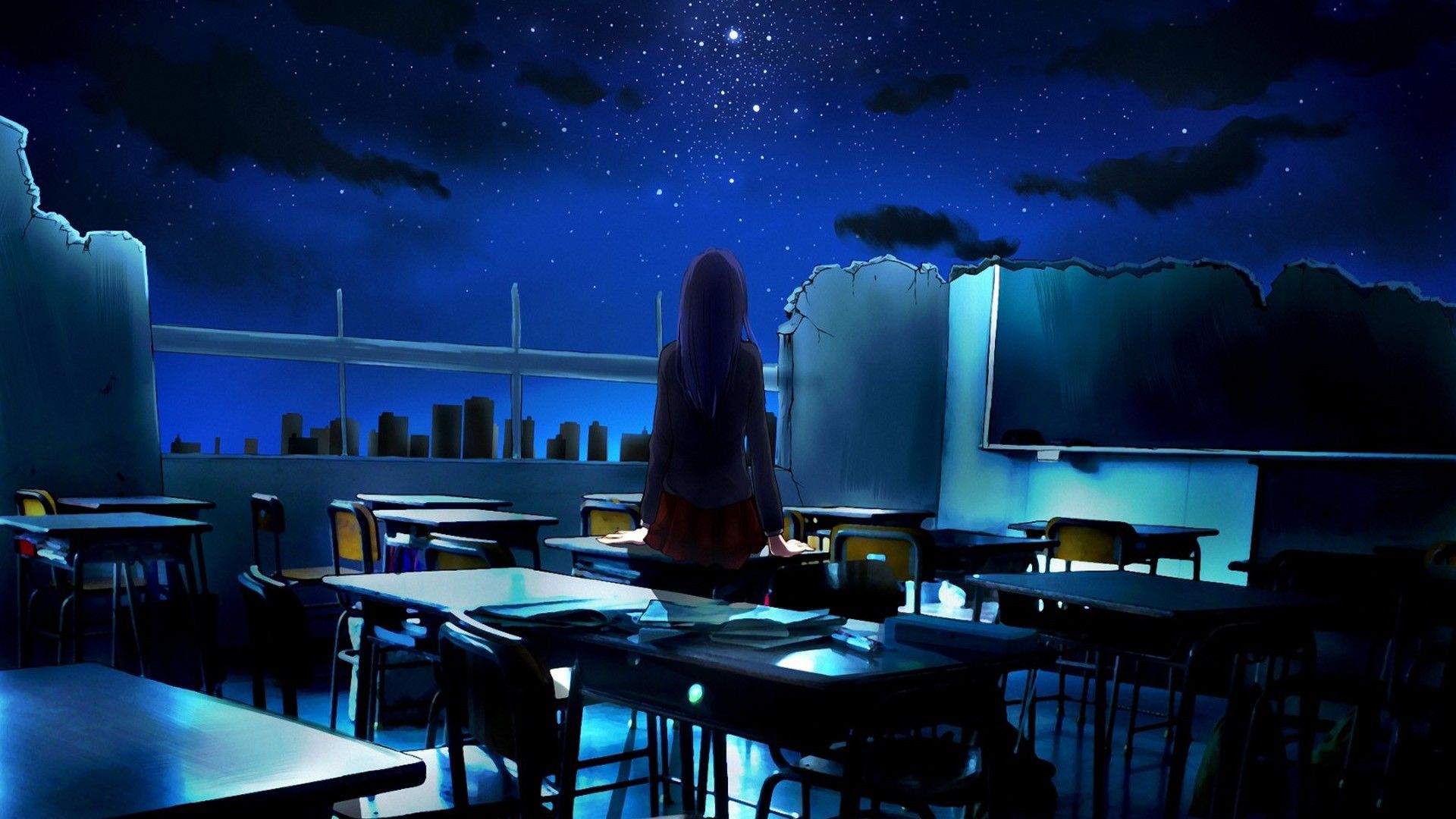 Anime girl desktop wallpaper praying in the ruins classroom under