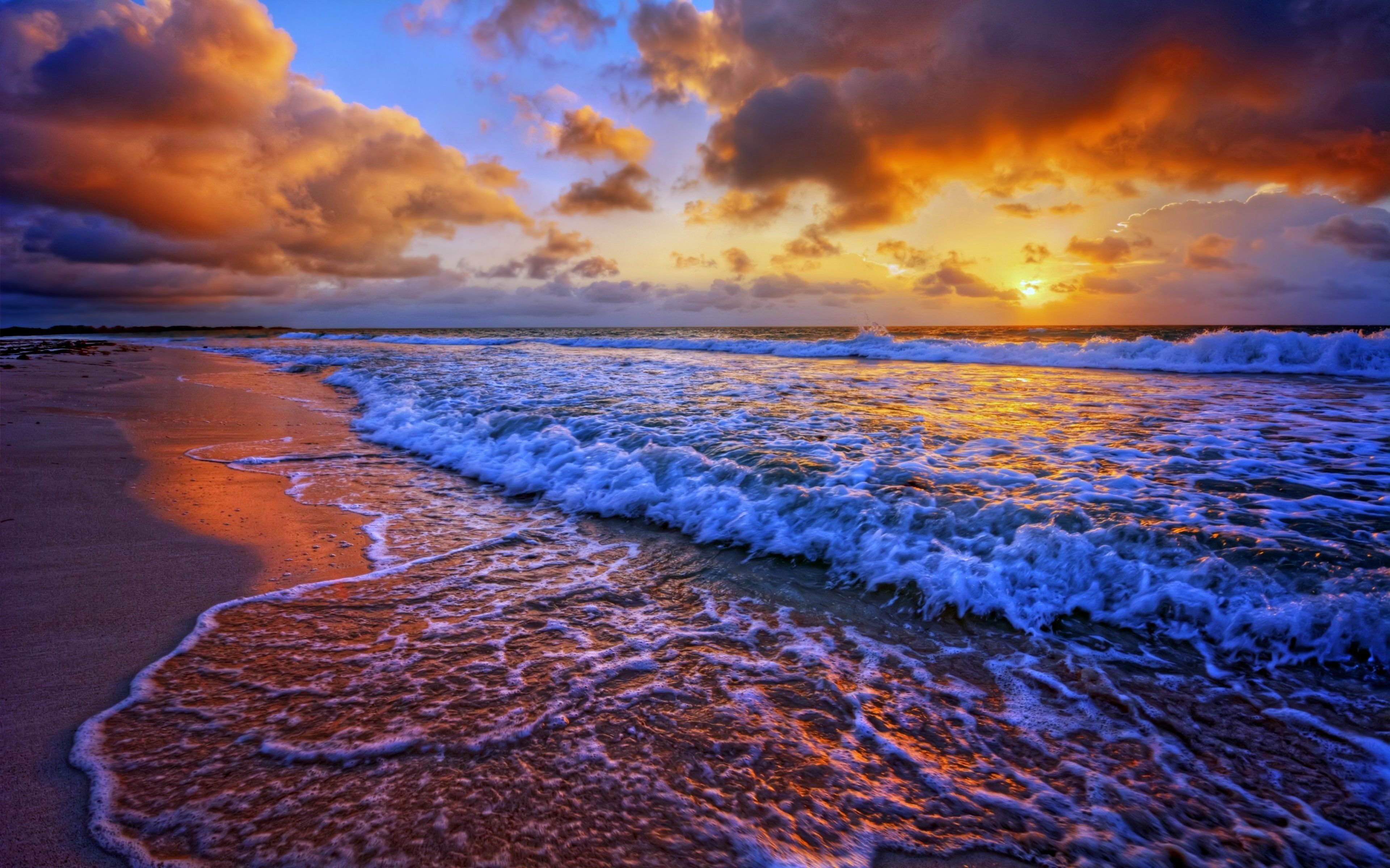 beaches, Sea, Ocean, Waves, Sunset, Sky, Clouds, Landscapes