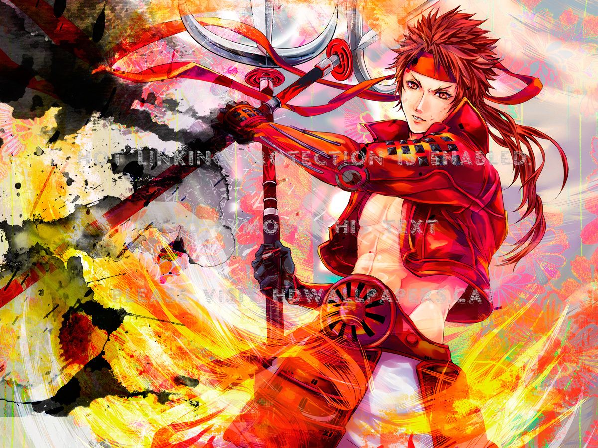 sanada yukimura weapons spears male red eyes