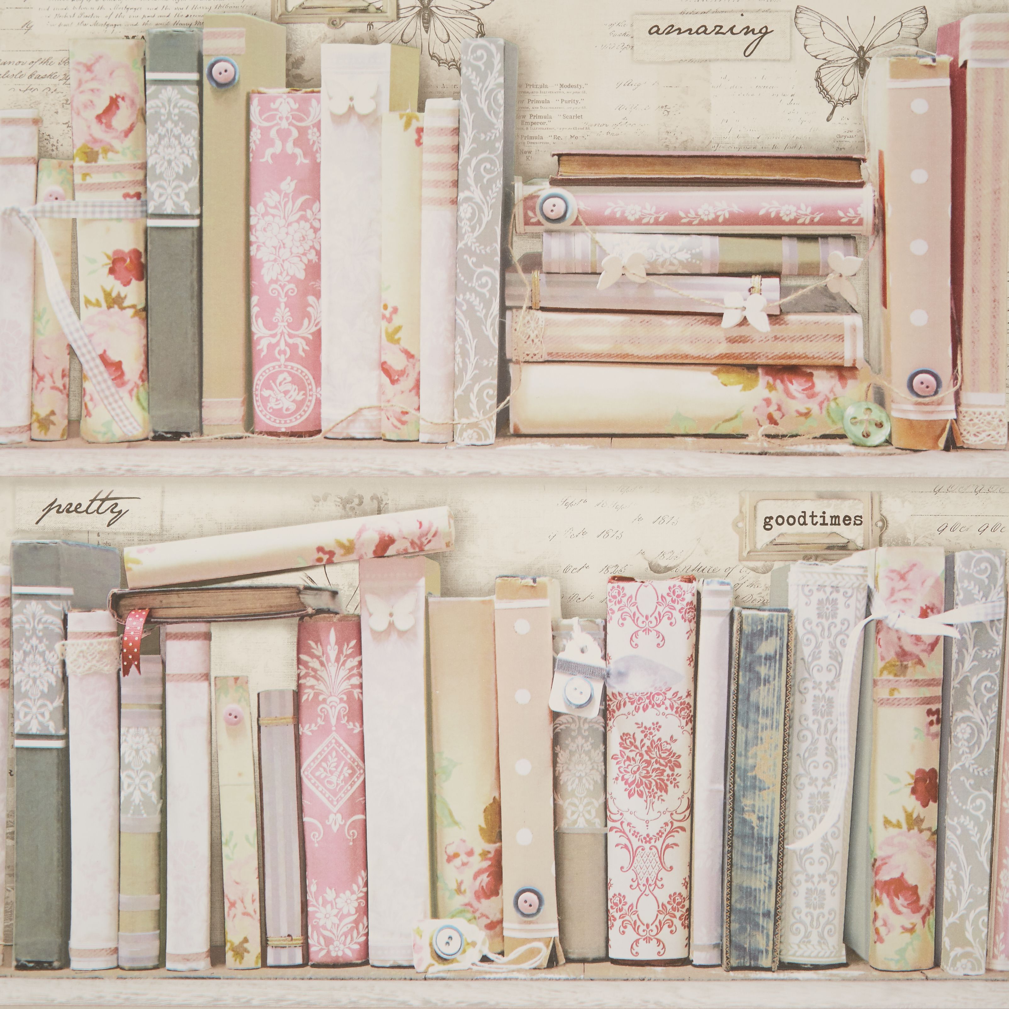 Graham & Brown Fresco Pink Collage Bookcase Wallpaper