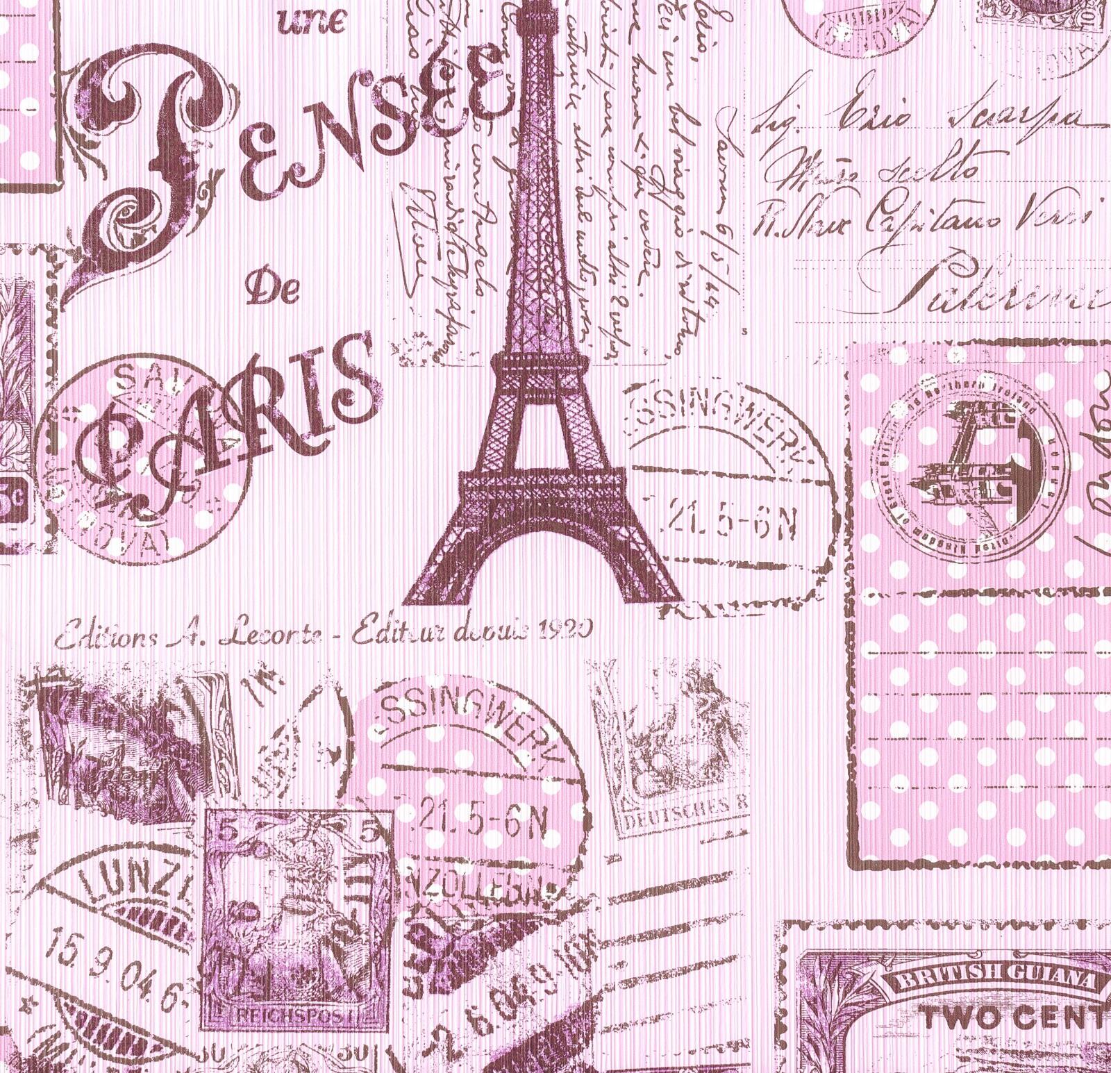 Paris Stamp Collage Stripe Wallpaper Girls Pink Brown Eiffel Tower