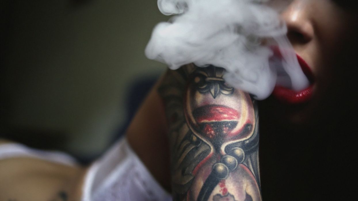 Sensuality sensual girl woman model tattoo face smoke smoking