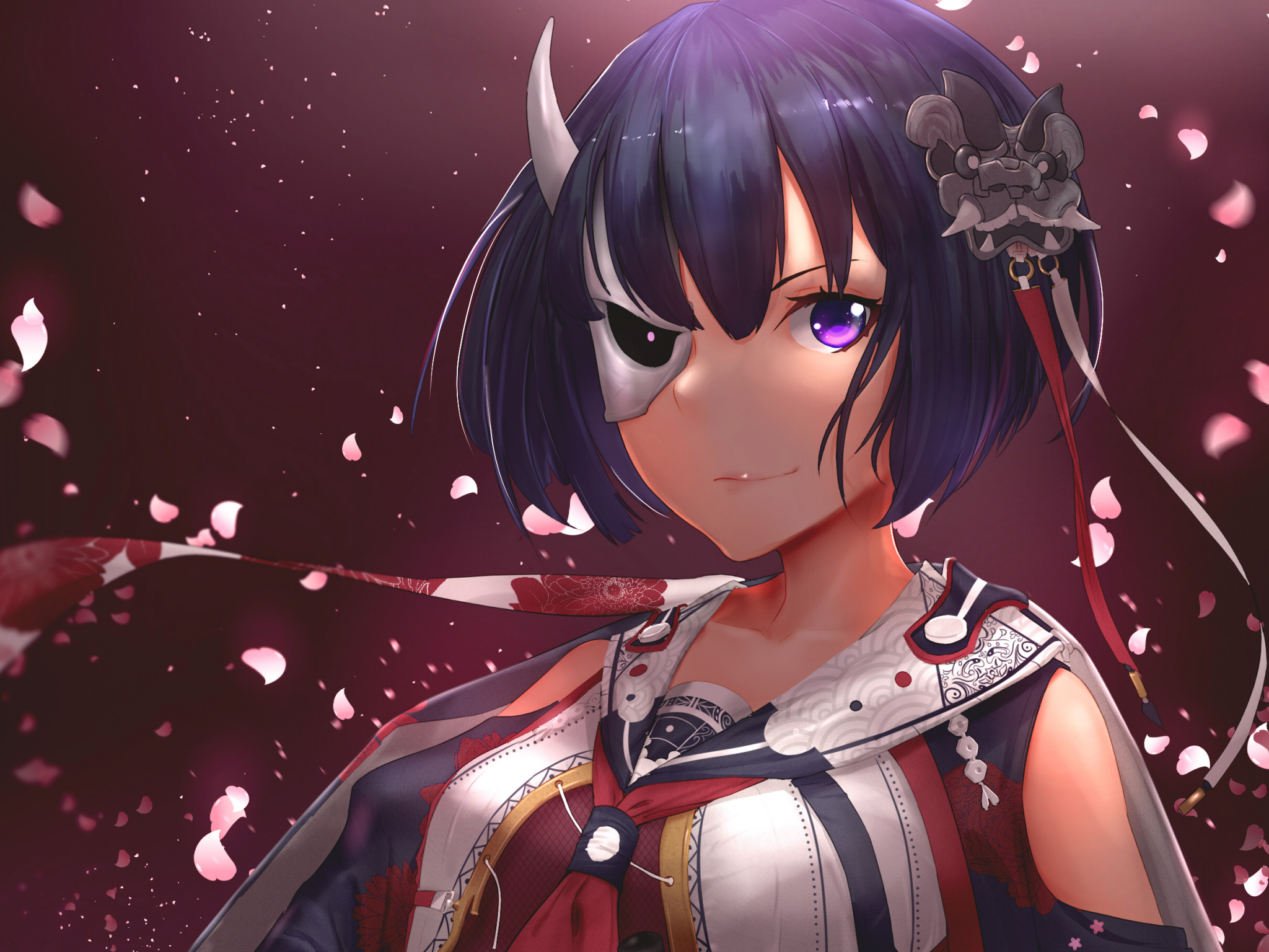 Download 2048x1536 Onigawara Rin, Busou Shoujo Machiavellianism, Short Hair, Smiling, Petals Wallpaper for Ainol Novo 9 Spark