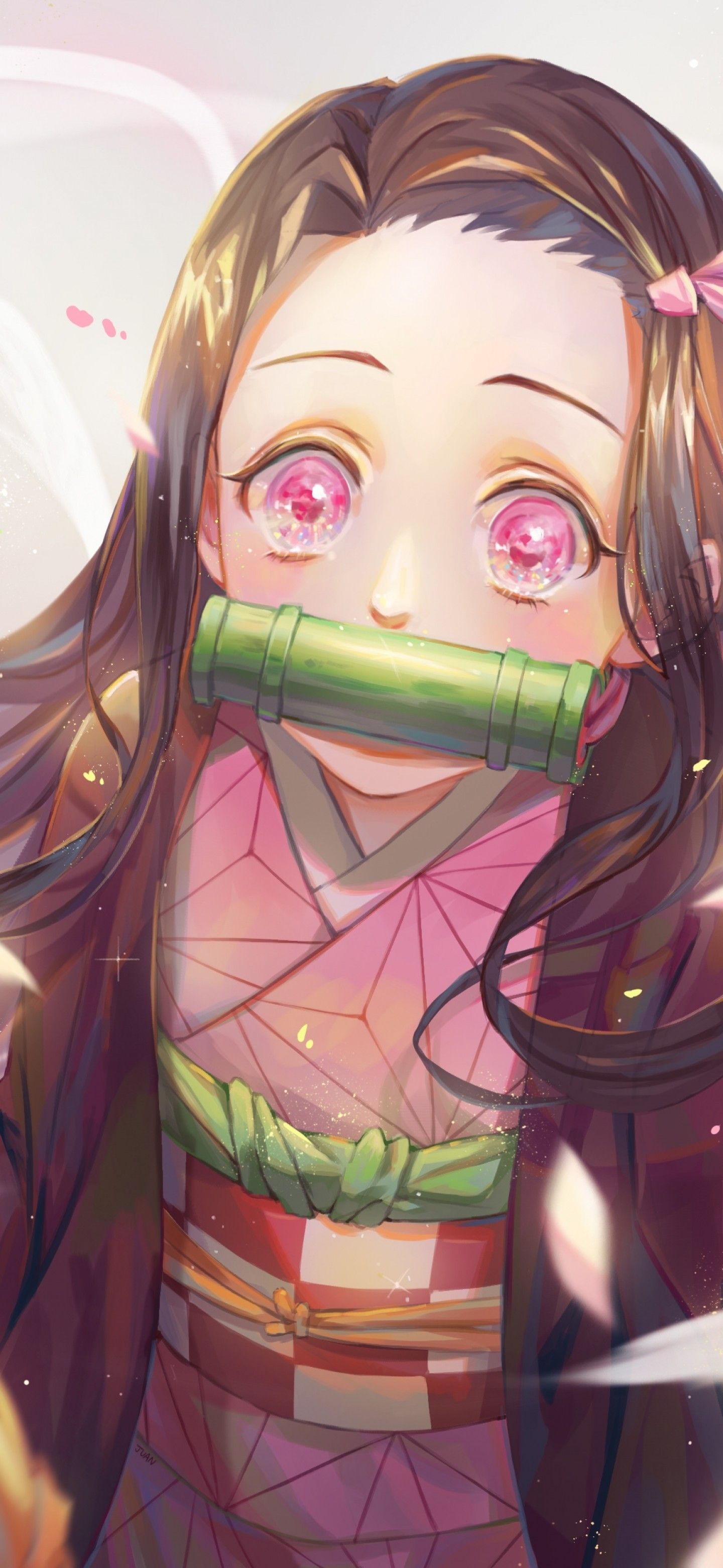 Download 1440x3120 Kamado Nezuko, Cute, Long Hair, Kimono, Kimetsu