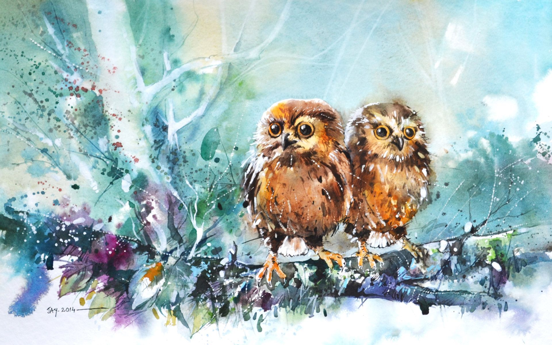 Two Owls Drawing 1920x1200 wallpaper. Illustratør, Dyr, Tegninger