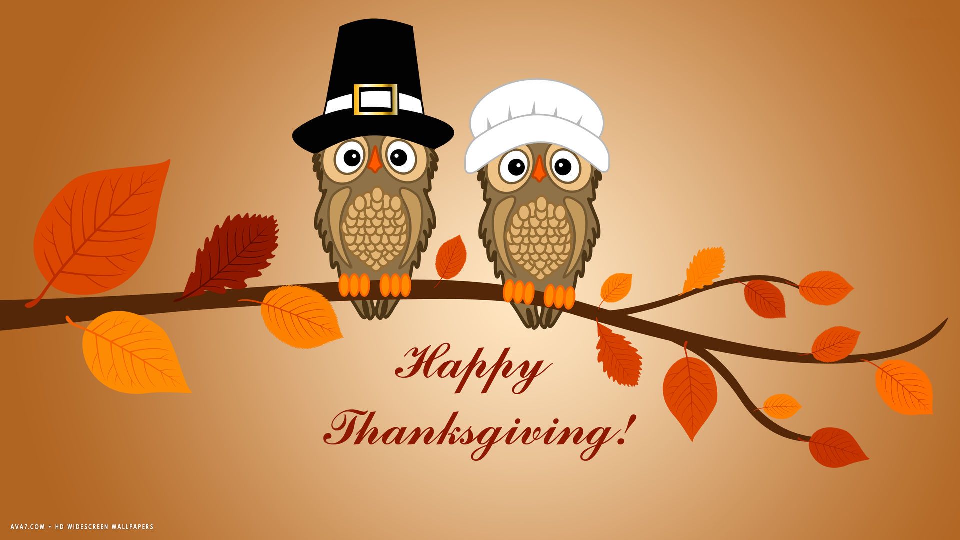 happy thanksgiving two owls branch leaves vector holiday HD