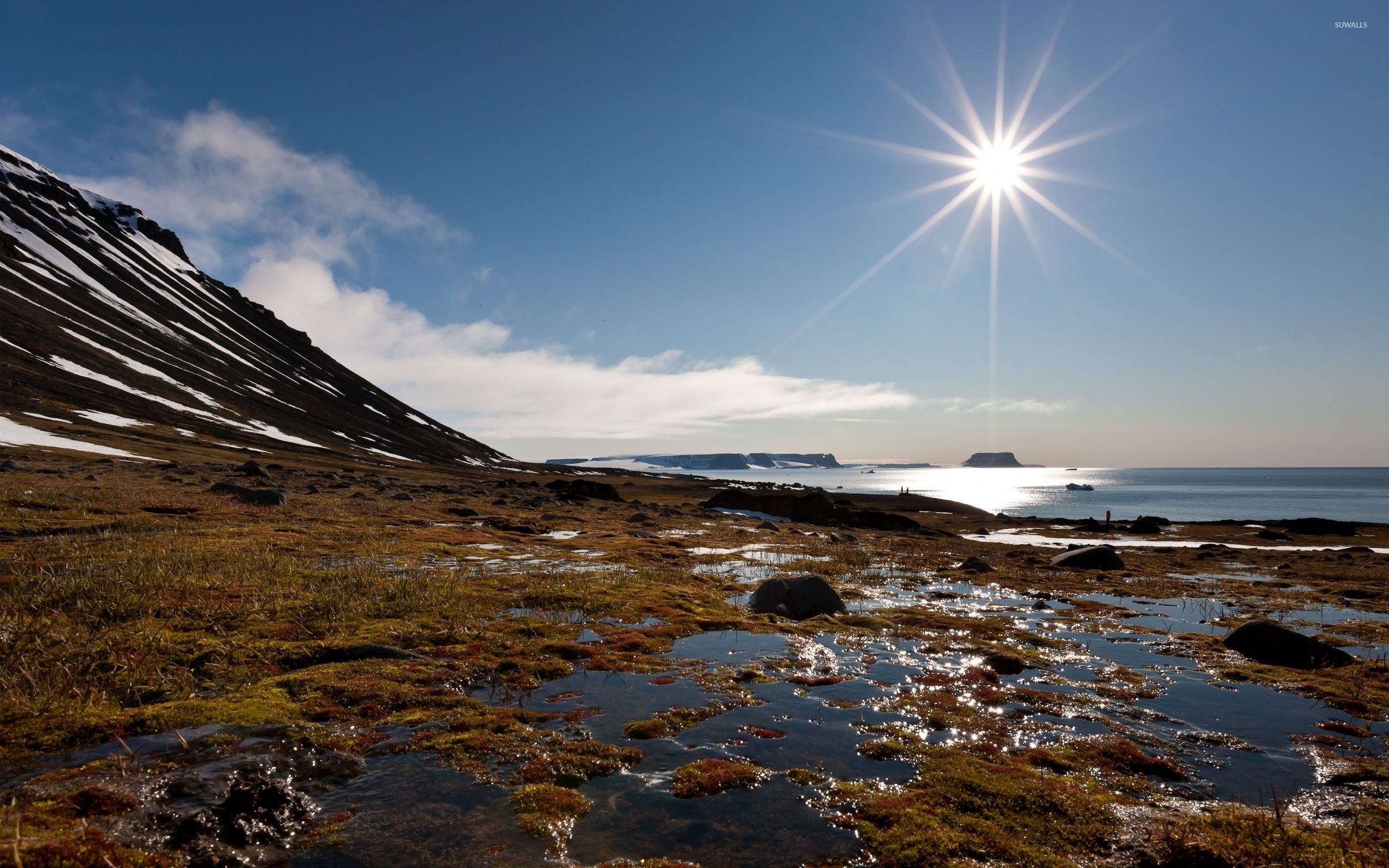 Bright sun high on the blue sky above the ocean wallpaper