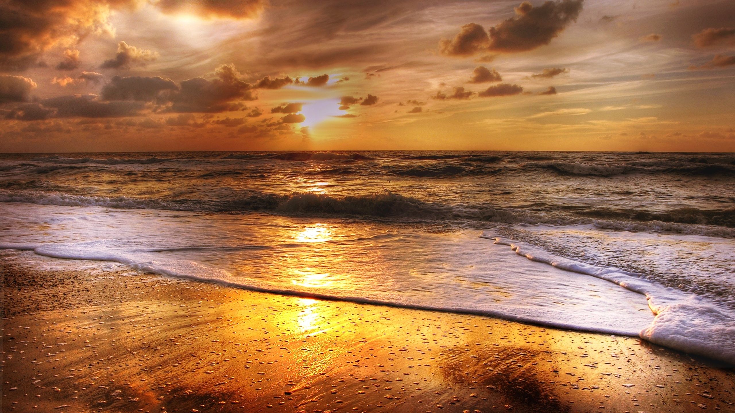 Sunset Beach Sea Sun Clouds 1440P Resolution HD 4k