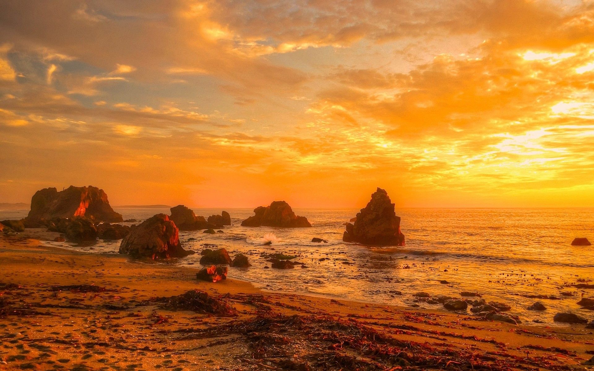 Wonderful Rocky Beach Under Yellow Sunset HD Wallpaper 574580