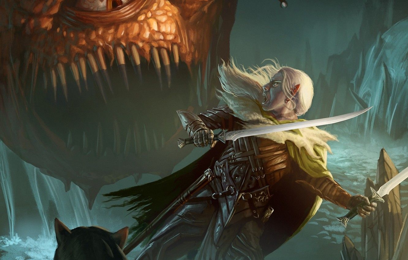 Wallpaper elf, monster, battle, swords, dark elf, illustration to