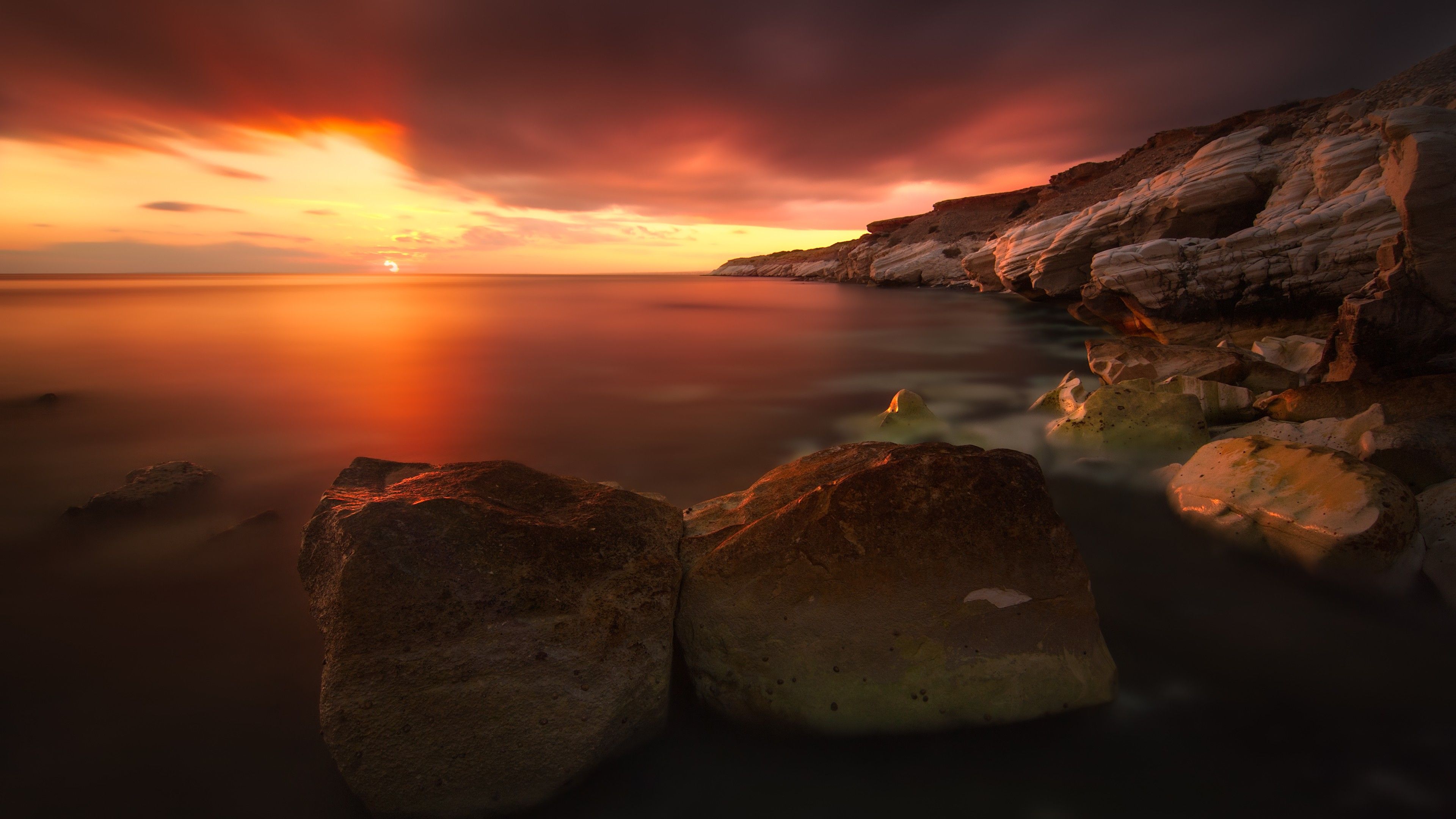 Wallpaper Sunset, 4k, HD wallpaper, rocks, sea, ocean, water, red, clouds, sky, sun, Nature