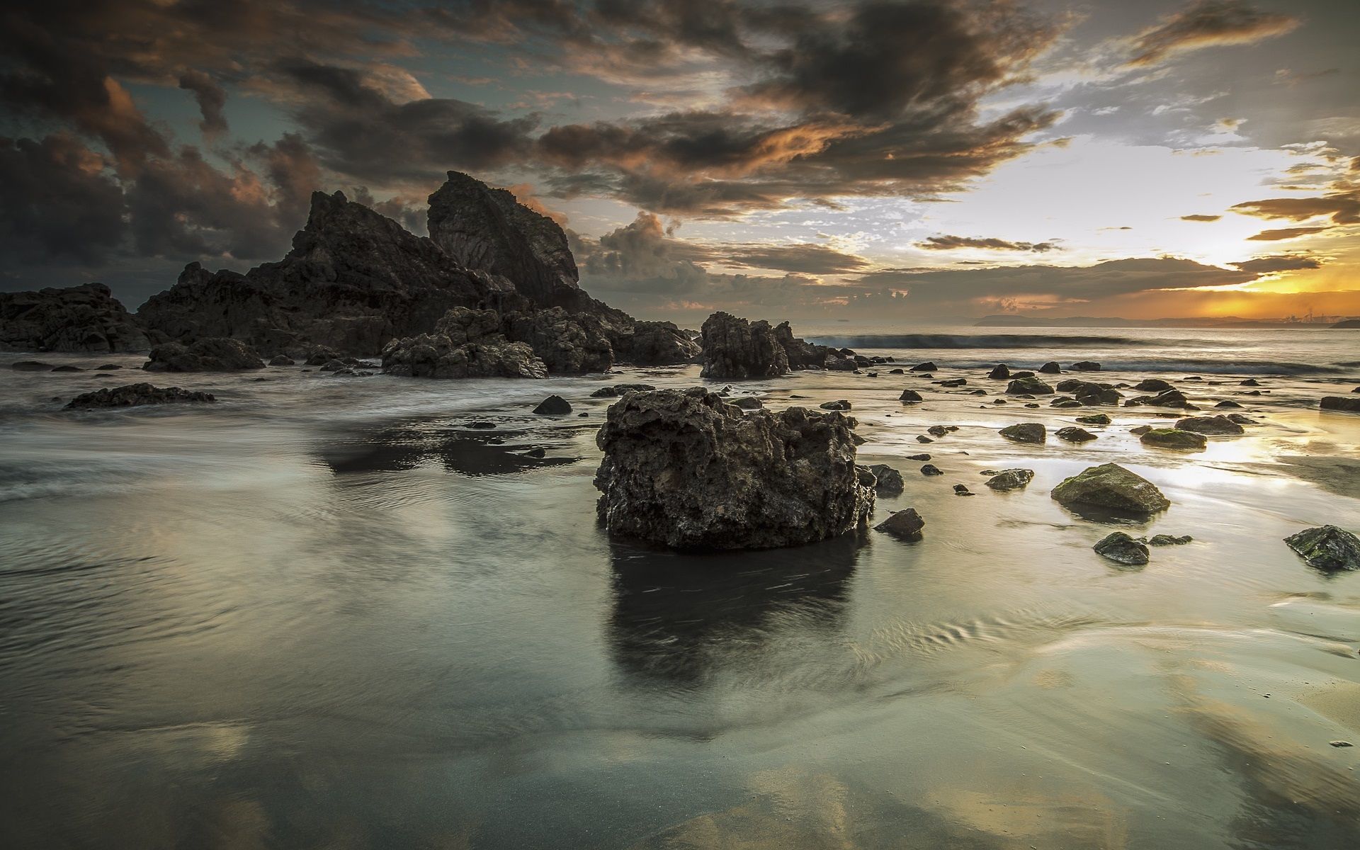 Wallpaper Sea, rocks, beach, sky, clouds, morning 1920x1200 HD