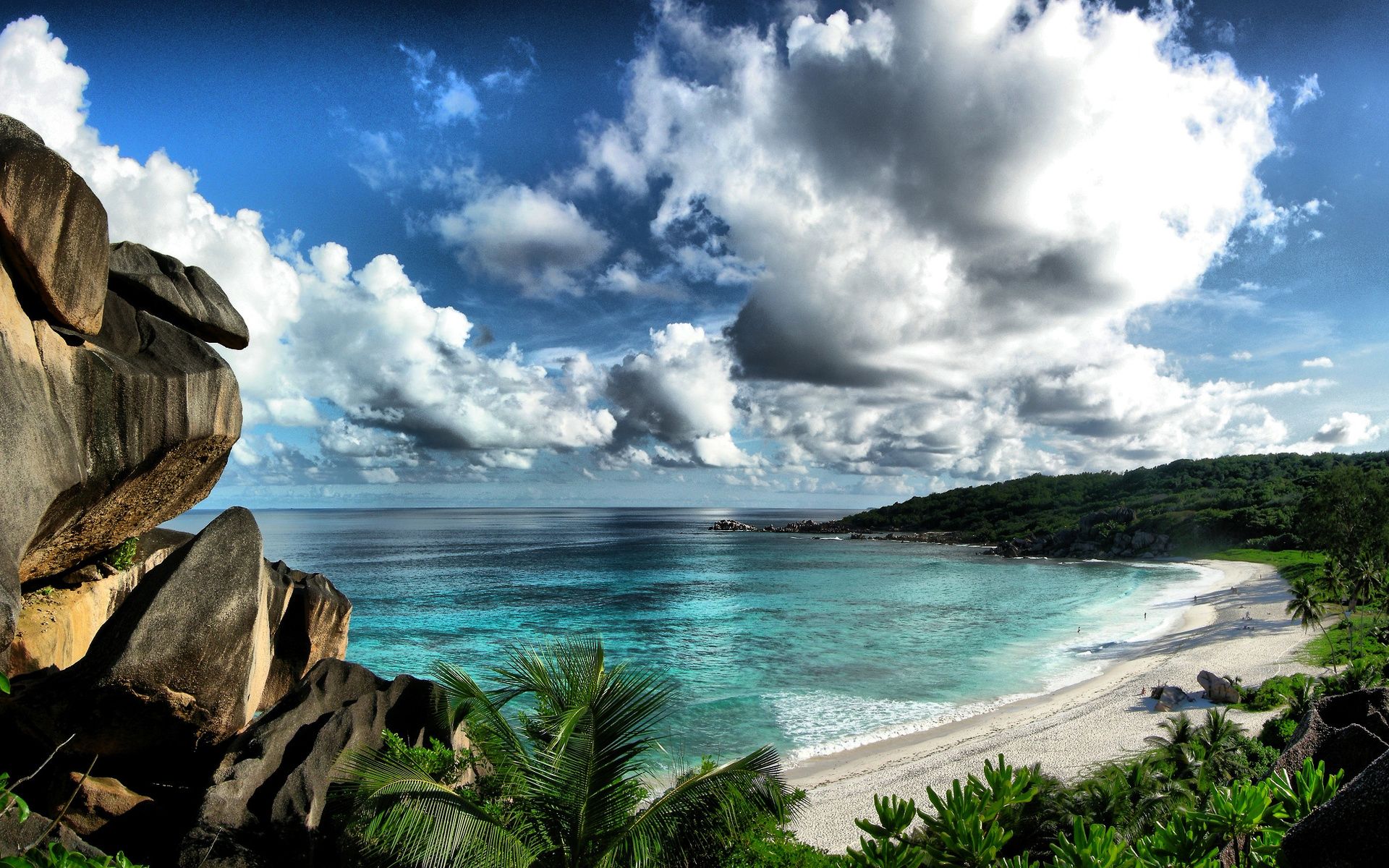 Sea sky beach rocks landscape ocean clouds wallpaperx1200