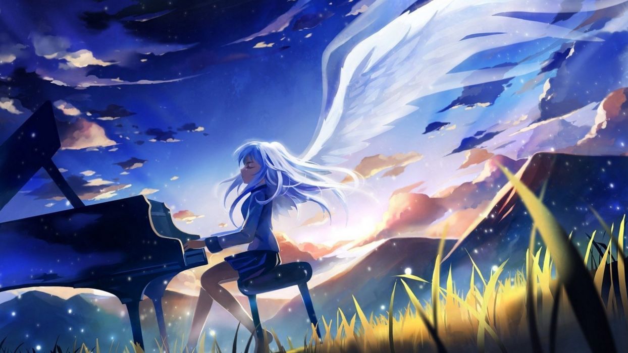 Anime girl angel white hair play piano wallpaperx1080
