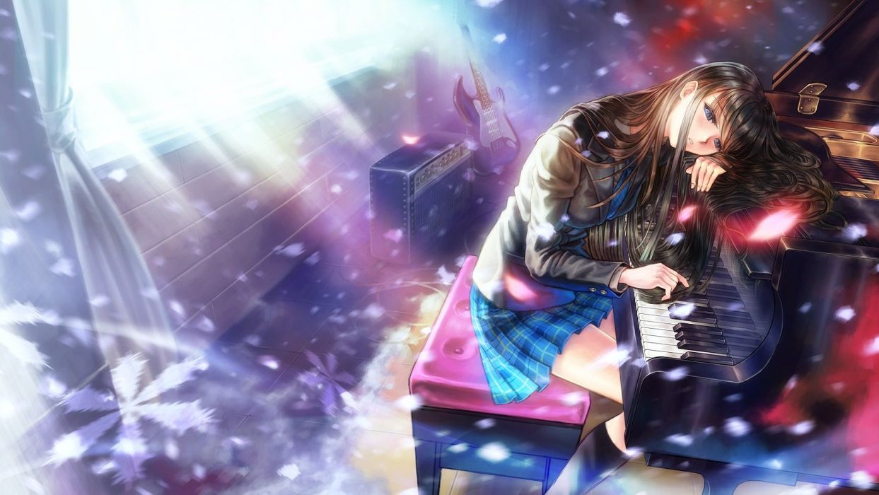 Anime Girl Piano Black Hair Blue Eyes Guitar Instrument Kneehighs
