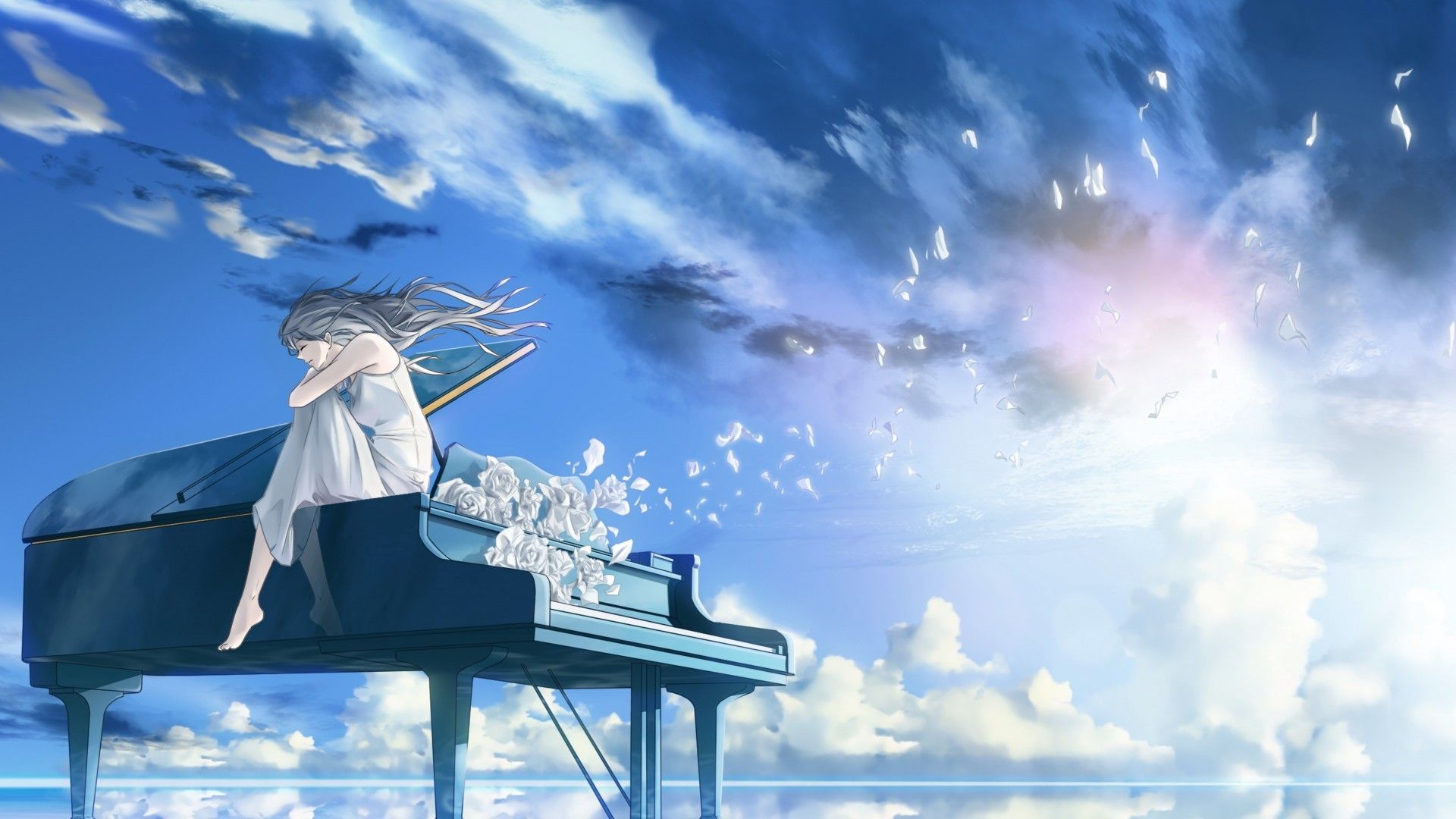 Download 1920x1080 Lonely Anime Girl, Piano, Instrument, Scenic