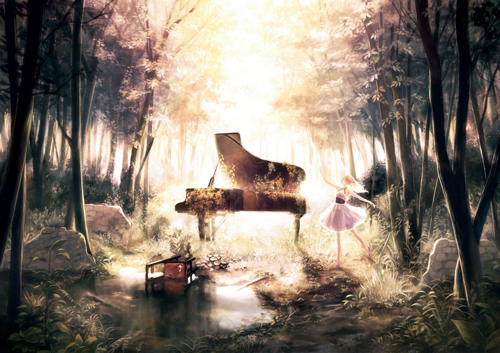 Anime Original Dress Forest Piano Tree Wallpaper. Piano art