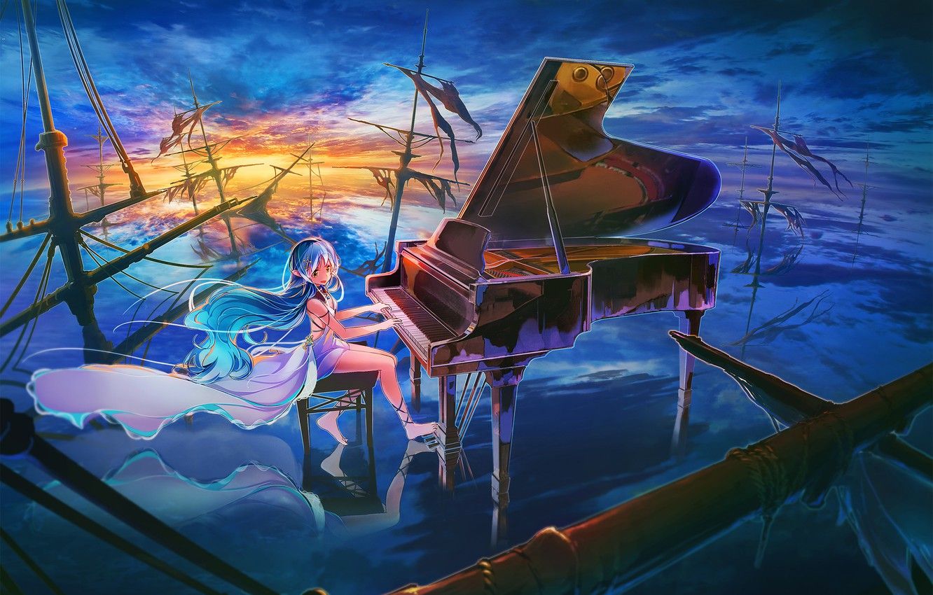 Wallpaper the sky, girl, clouds, sunset, ships, anime, piano, art