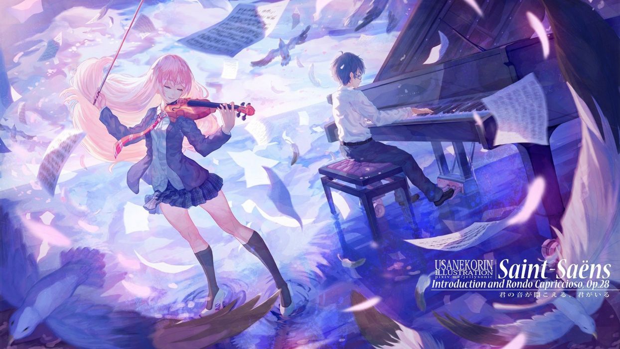 Anime girl boy couple music piano petals blonde violin birds