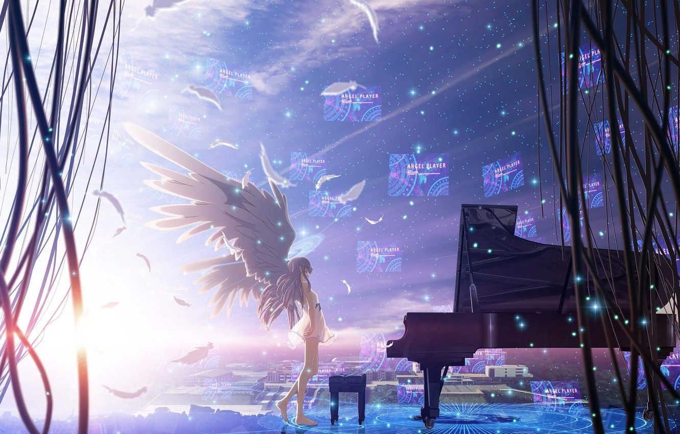 Wallpaper the sky, girl, stars, the city, wire, home, wings, anime