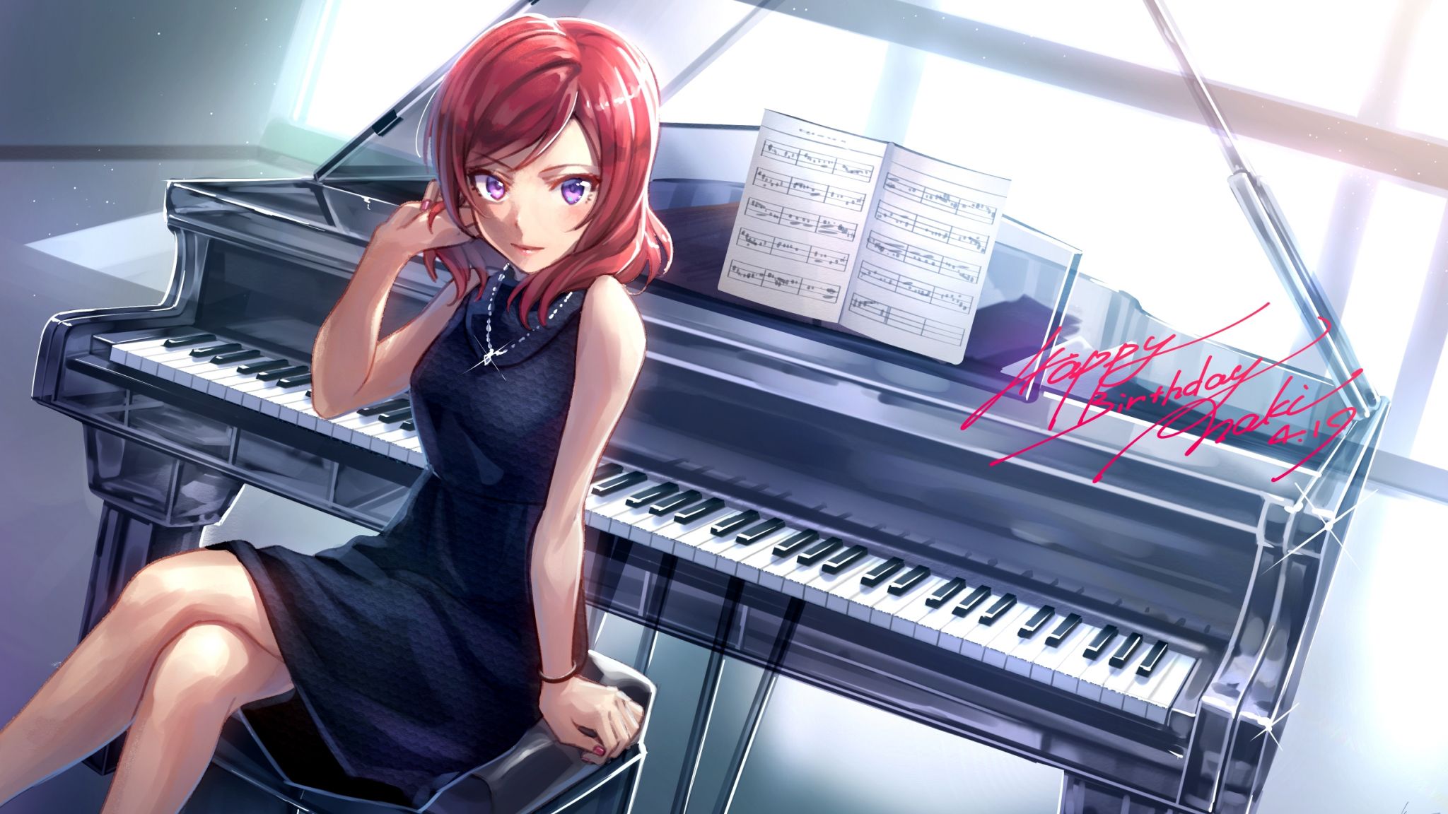 Desktop Wallpaper Maki Nishikino, Red Head, Piano, Anime Girl, HD