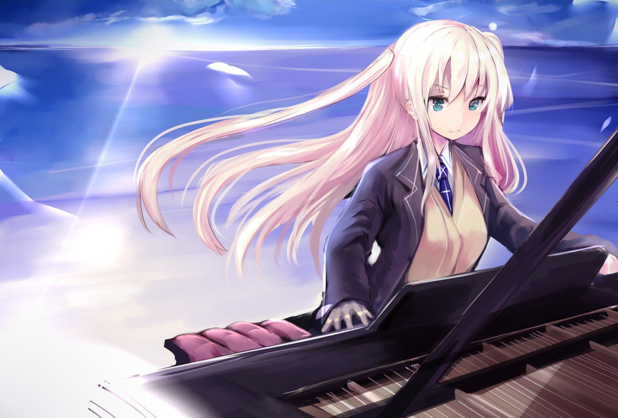 anime girls, Piano, Sea, Beach Wallpaper HD / Desktop and Mobile