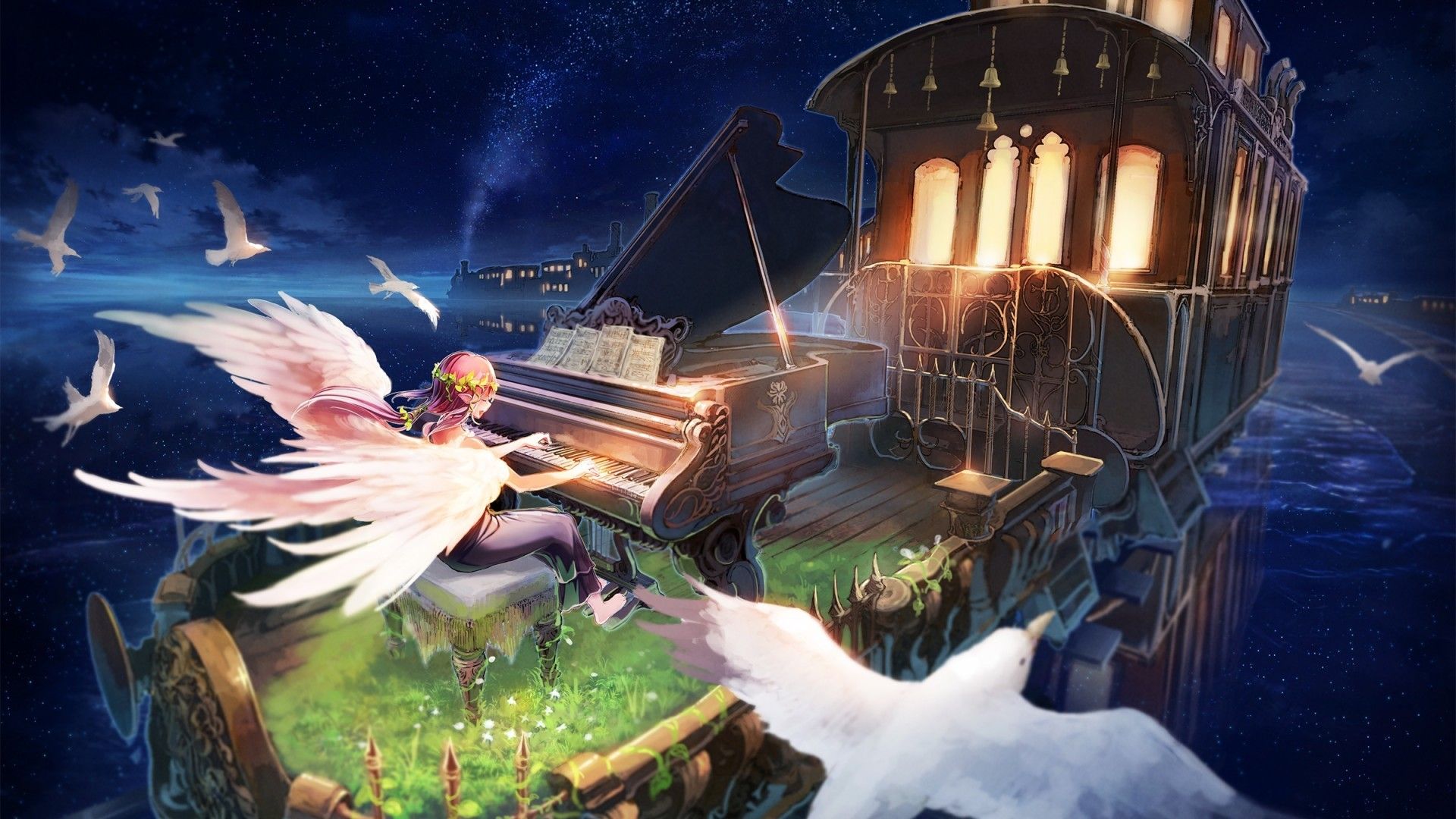 Download 1920x1080 Anime Girl, Piano, Train, Angel, Wings, Birds