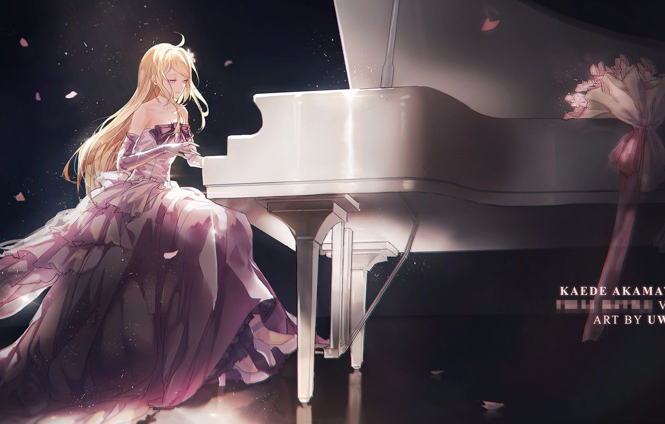 Wallpaper girl, anime, Blonde, dress, piano, Danganronpa image