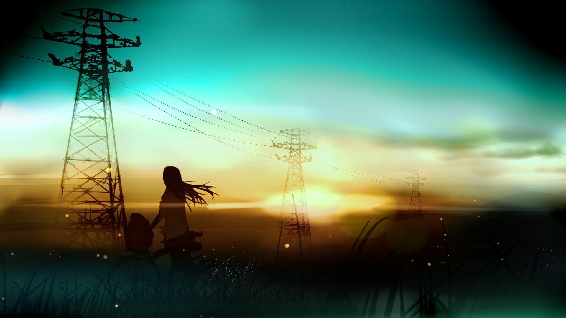 power lines, #sunset, #artwork, #anime, #anime girls, #bicycle