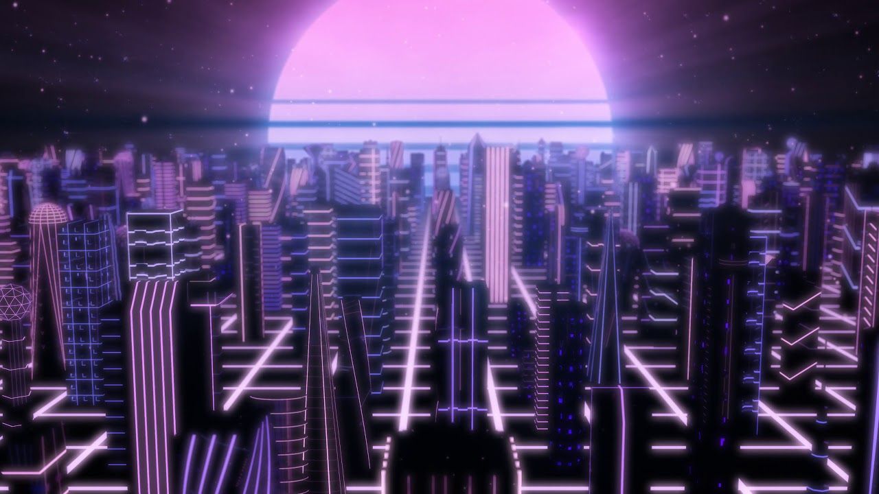 Fly Over Neon City Outrun Synthwave Buildings with 80s Retro Sun