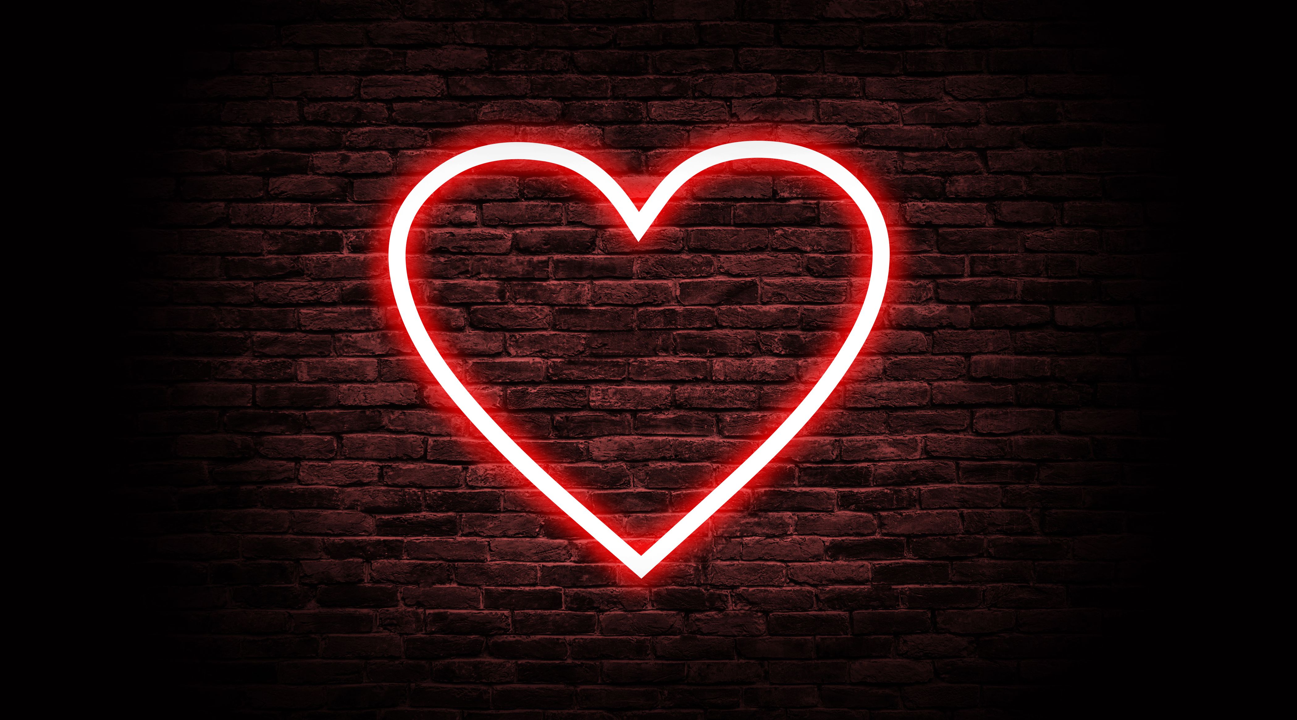 Wallpaper Love Heart, Neon, Brick Wall, 4K, Black Dark