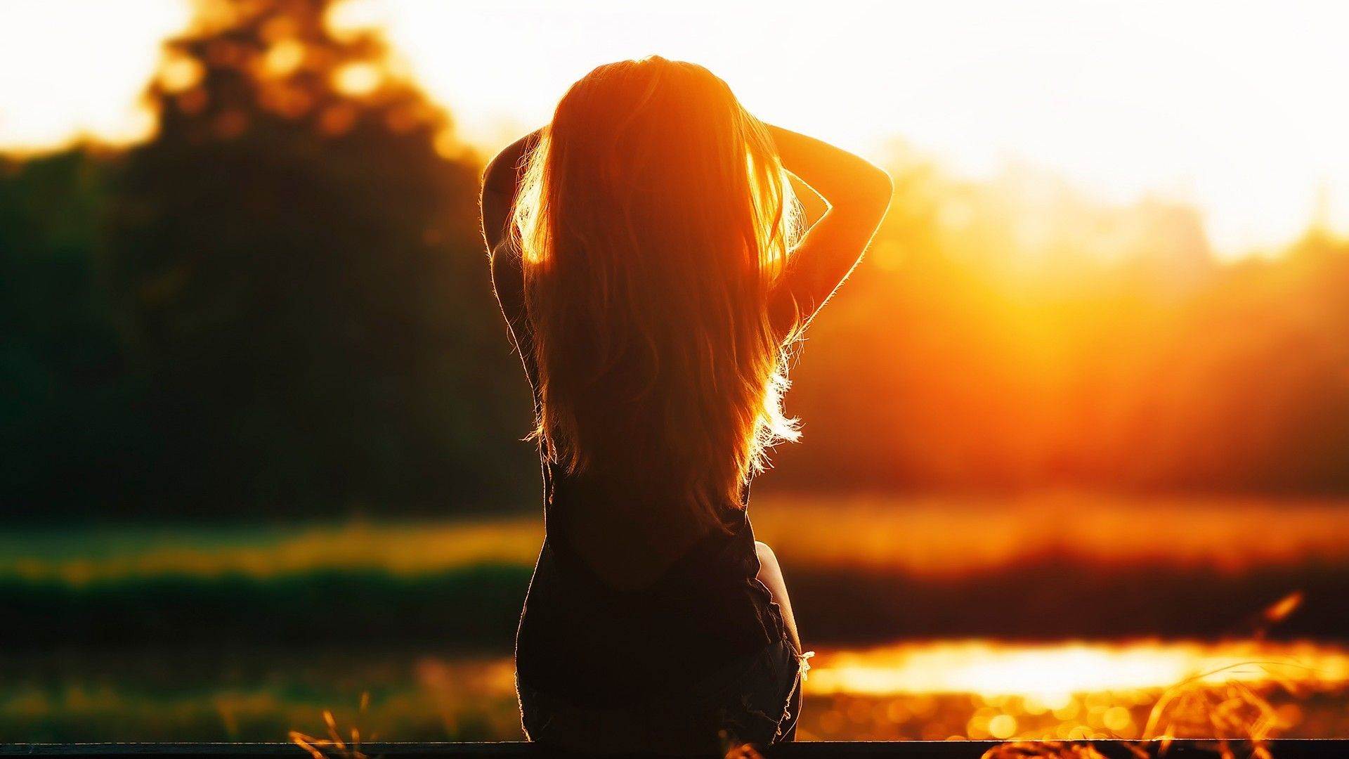 women model long hair sunset golden hour Wallpaper HD / Desktop