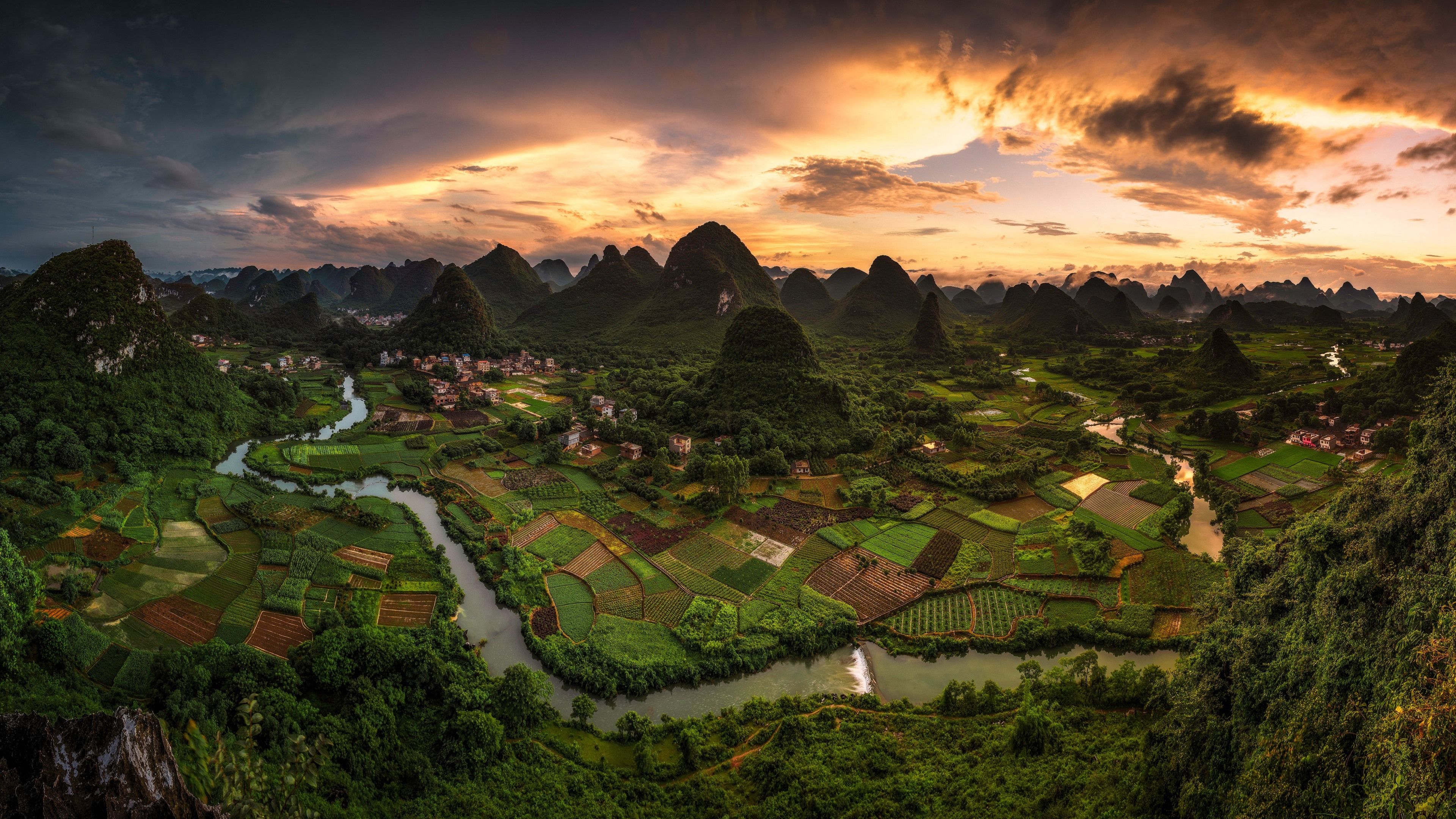 Beautiful Chinese village, mountains, green fields, river, top