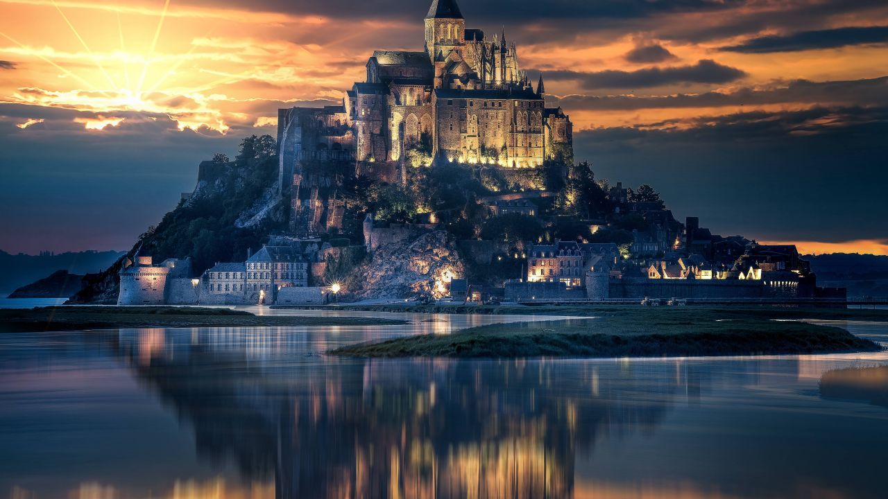 Wallpaper Mont Saint Michel, Island, Castle, France, Sunset, HD
